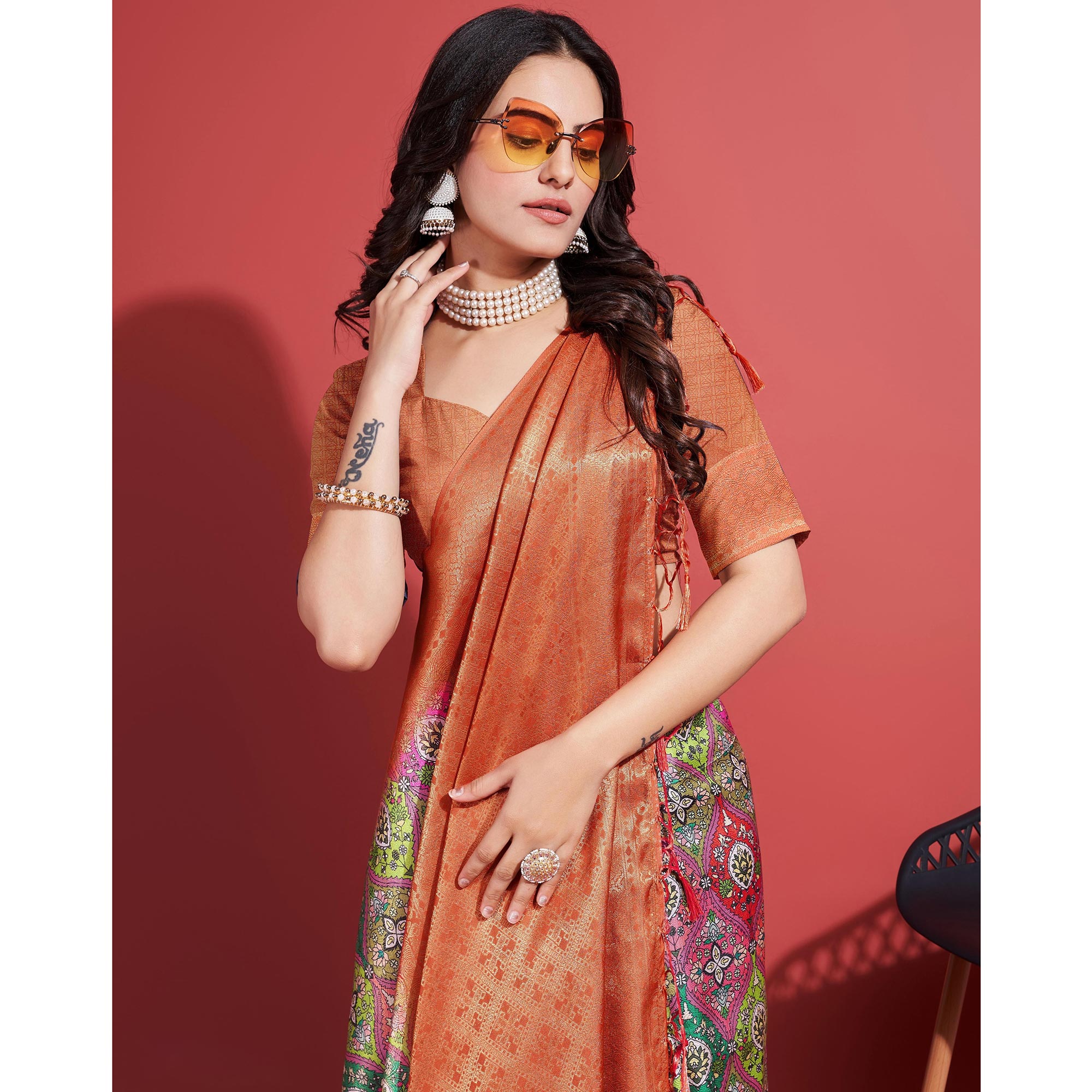 Orange Floral Digital Printed With Woven Border Banarasi Silk Saree