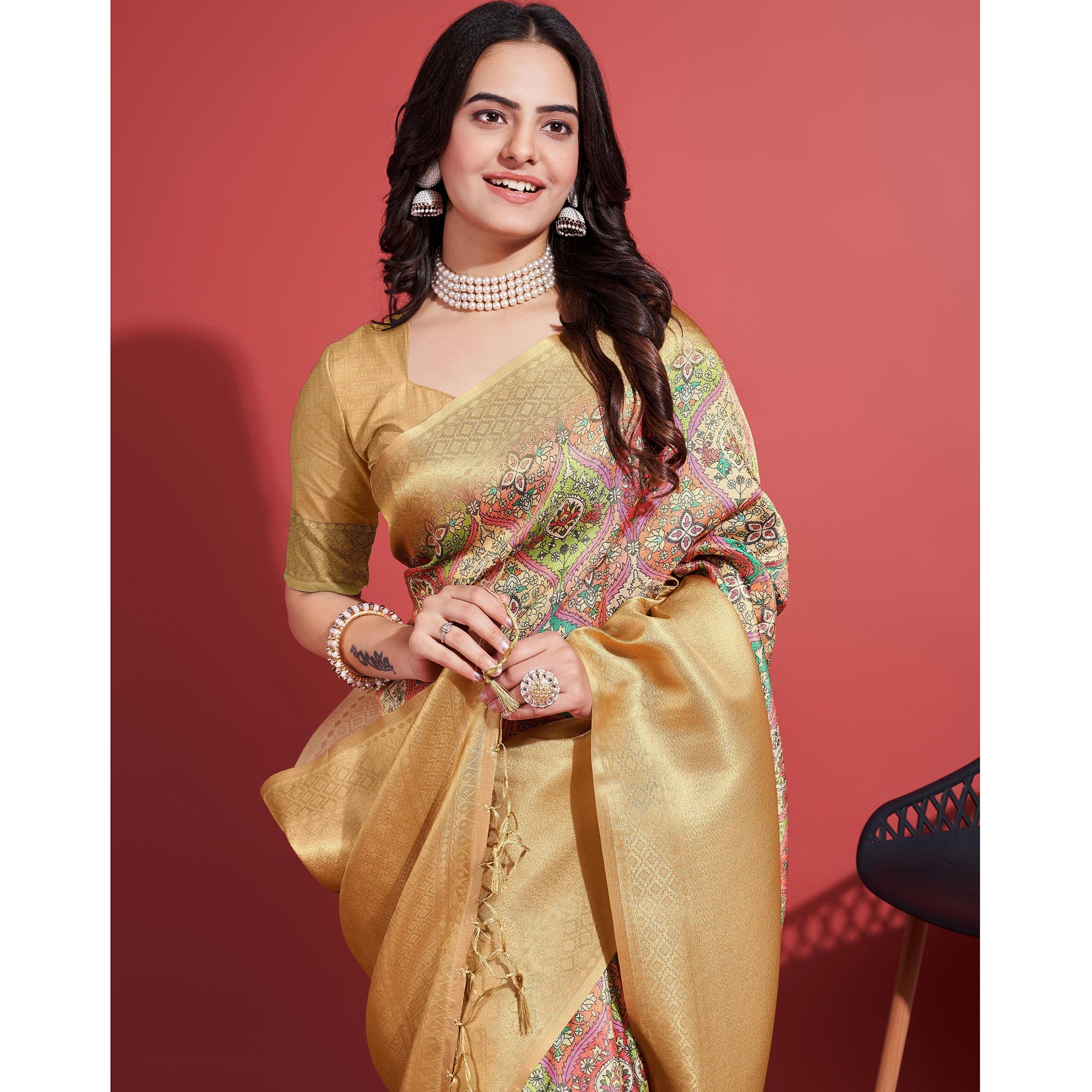 Gold Floral Digital Printed With Woven Border Banarasi Silk Saree