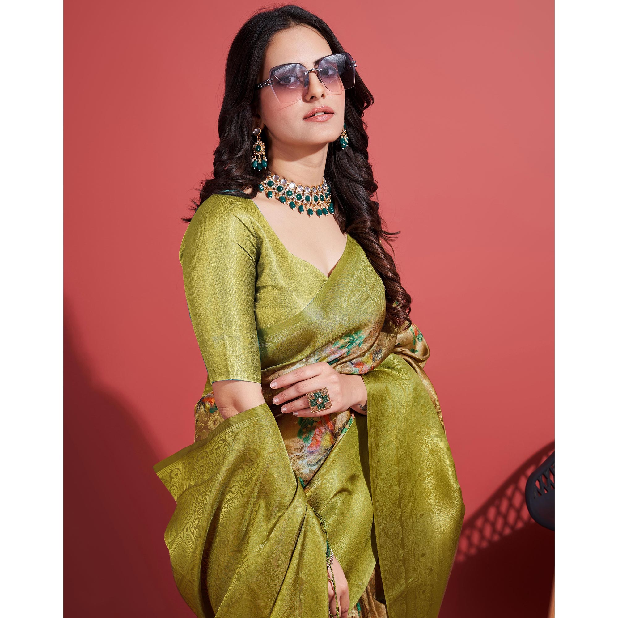 Green Floral Digital Printed With Woven Border Banarasi Silk Saree