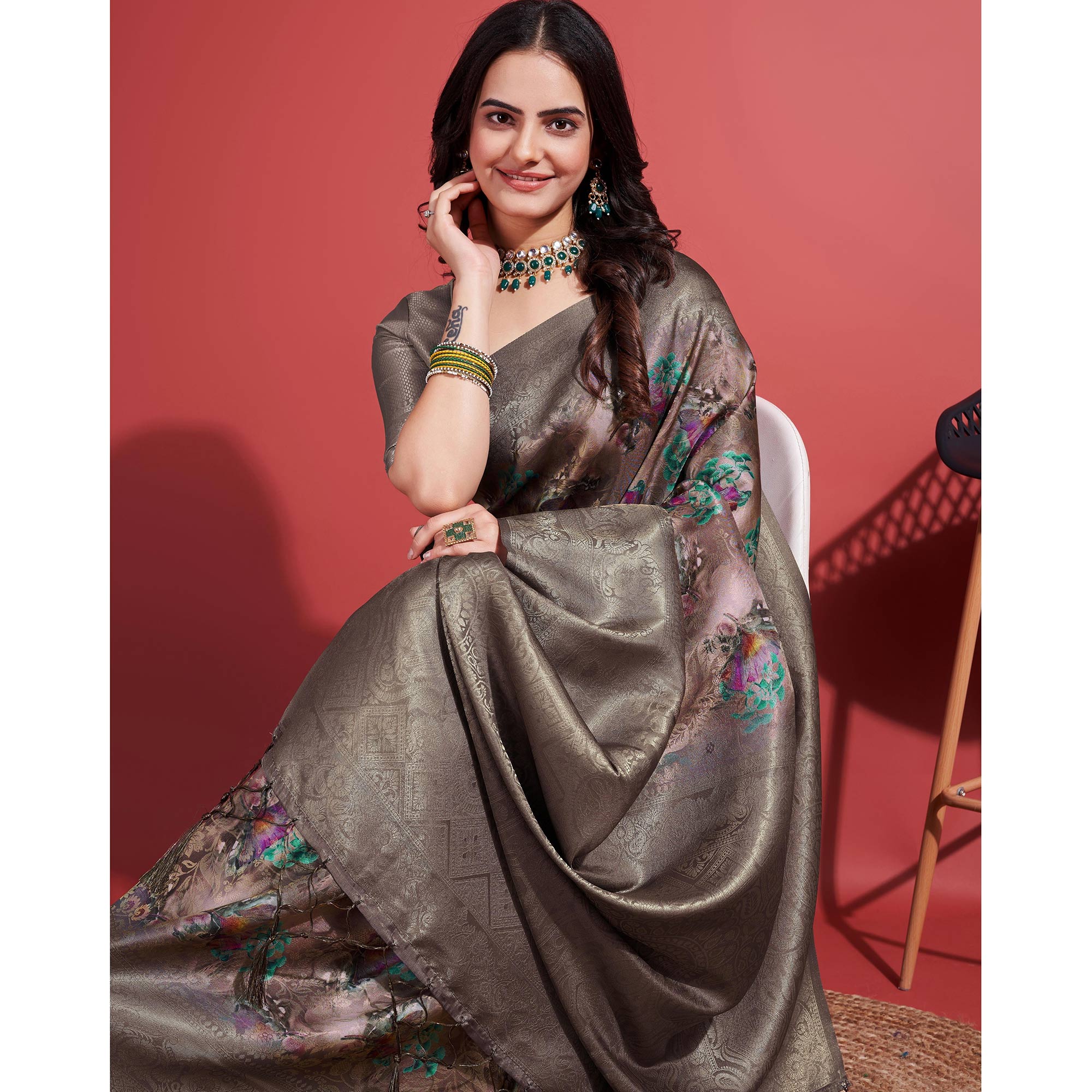 Dusty Brown Floral Digital Printed With Woven Border Banarasi Silk Saree