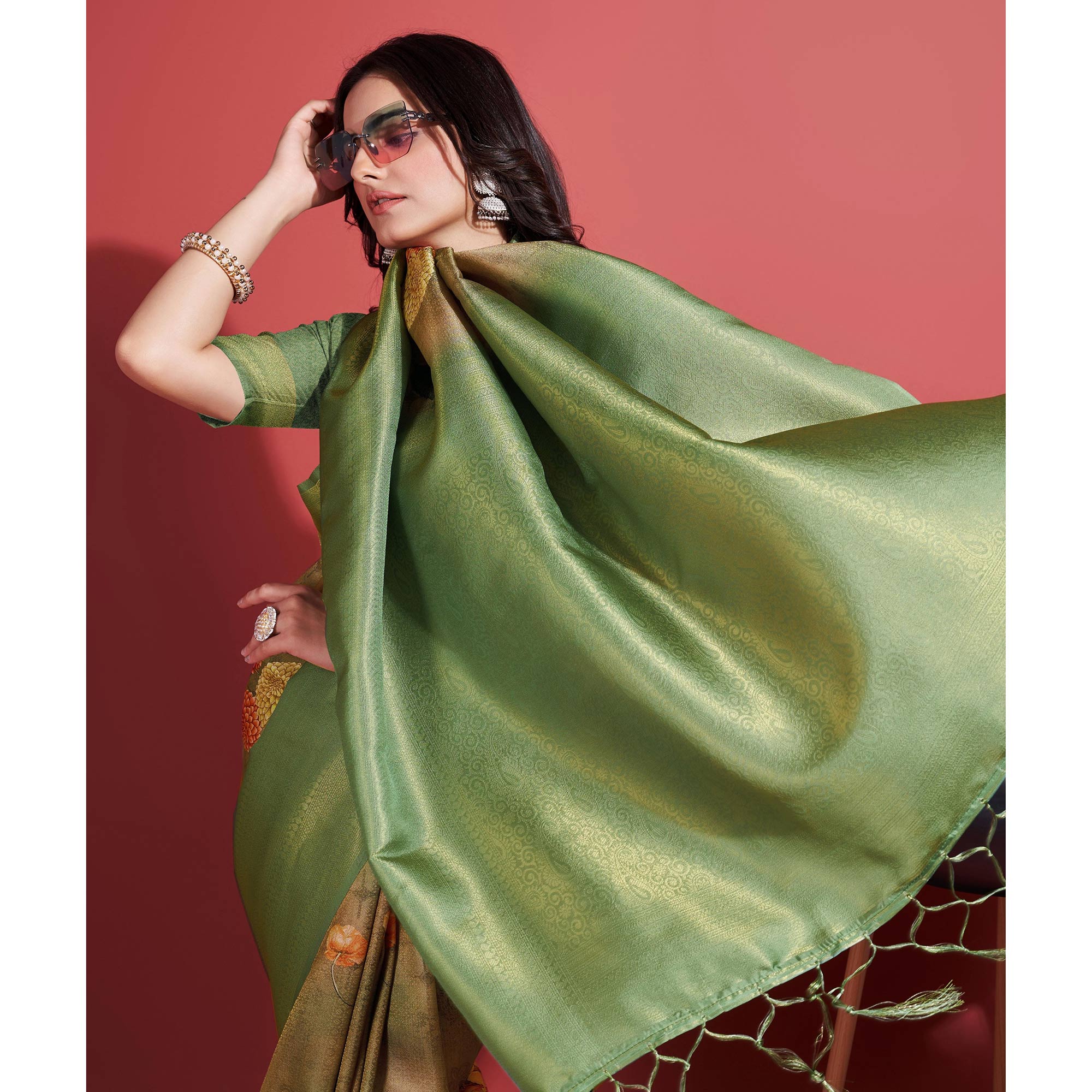 Olive Green Floral Digital Printed With Woven Banarasi Silk Saree