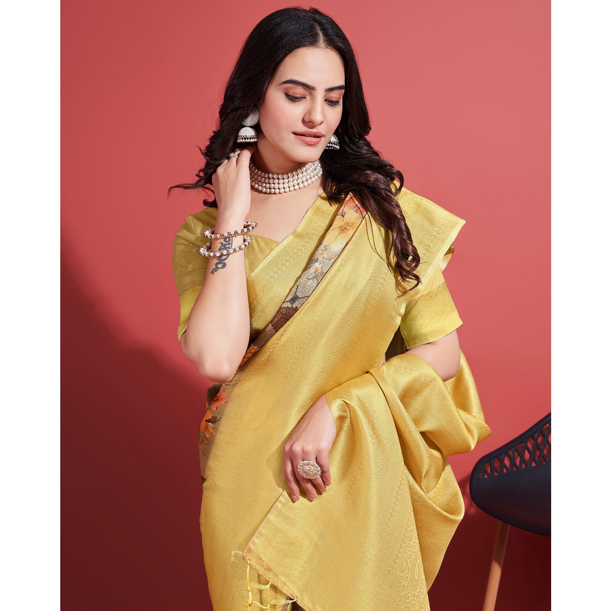 Yellow & Brown Floral Digital Printed With Woven Banarasi Silk Saree