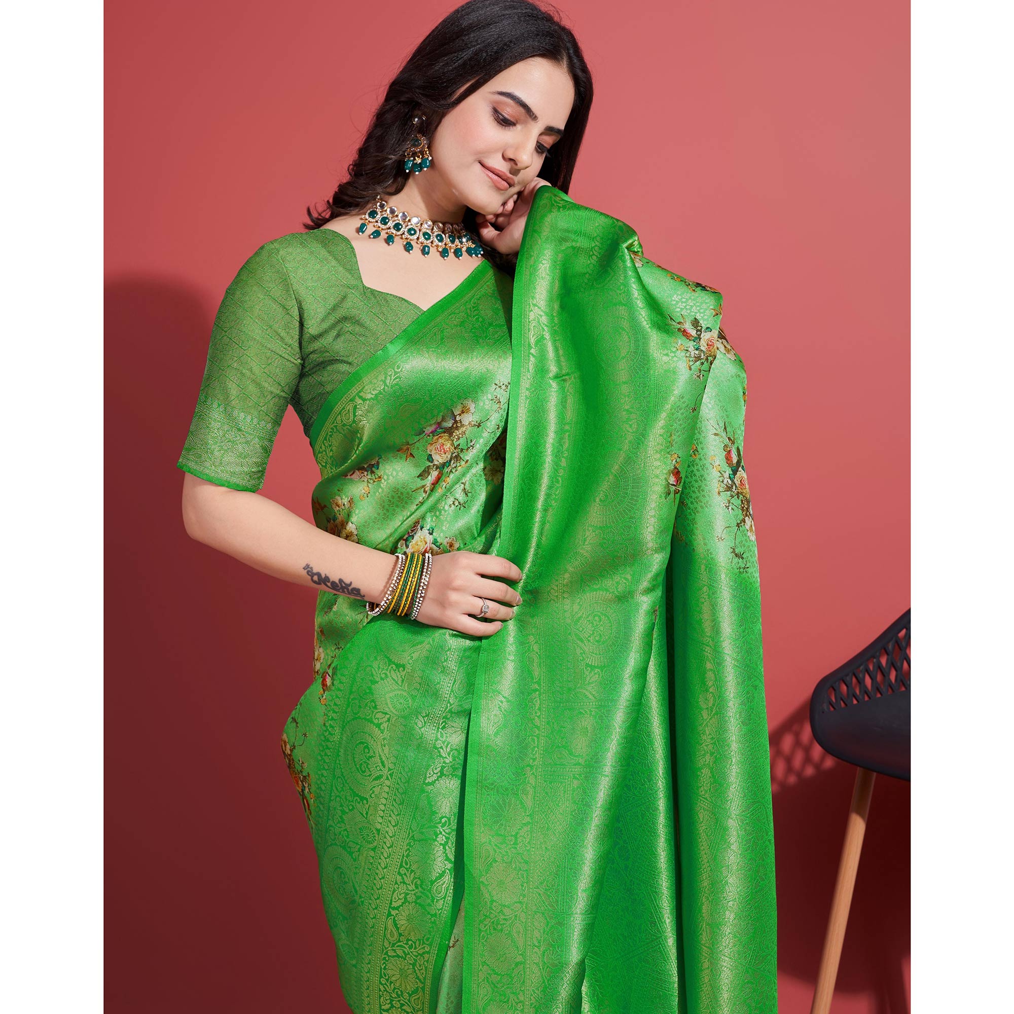 Green Floral Digital Printed With Woven Banarasi Silk Saree