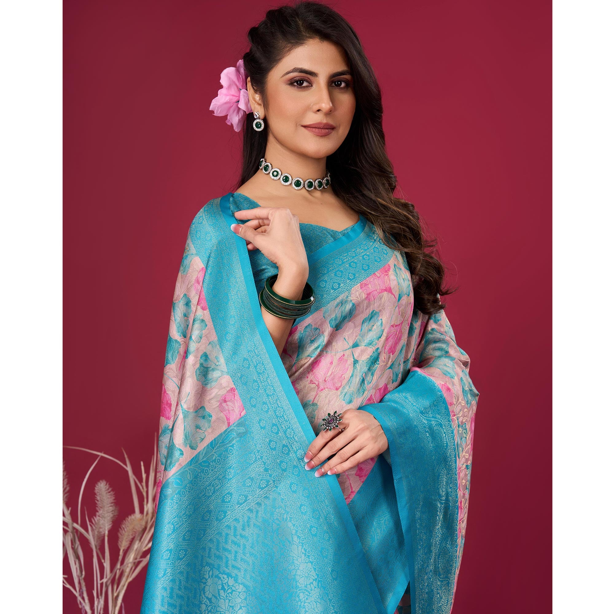 Turquoise Floral Digital Printed With Woven Pure Silk Saree