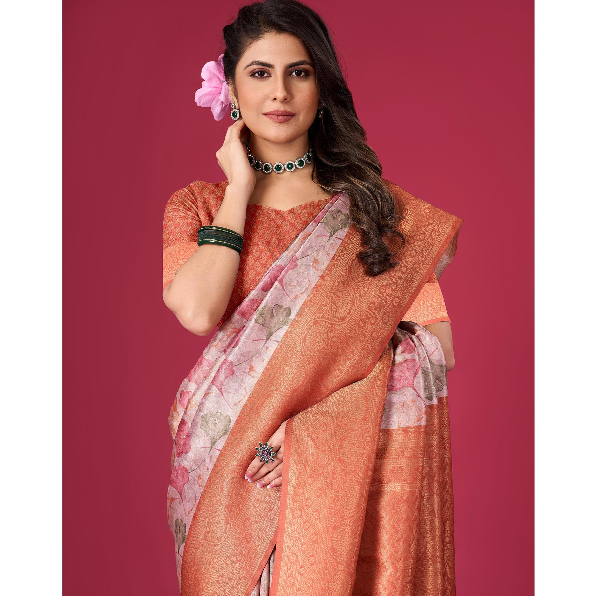 Rust Floral Digital Printed With Woven Pure Silk Saree