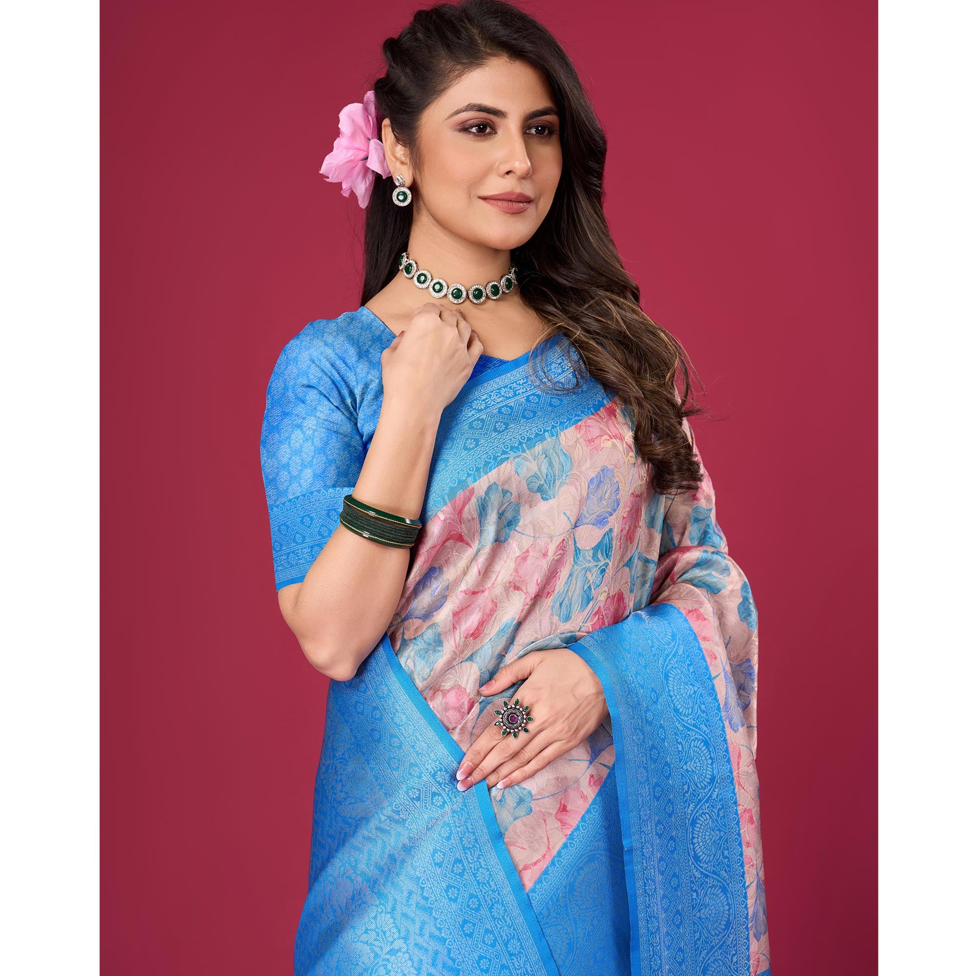 Blue Floral Digital Printed With Woven Pure Silk Saree
