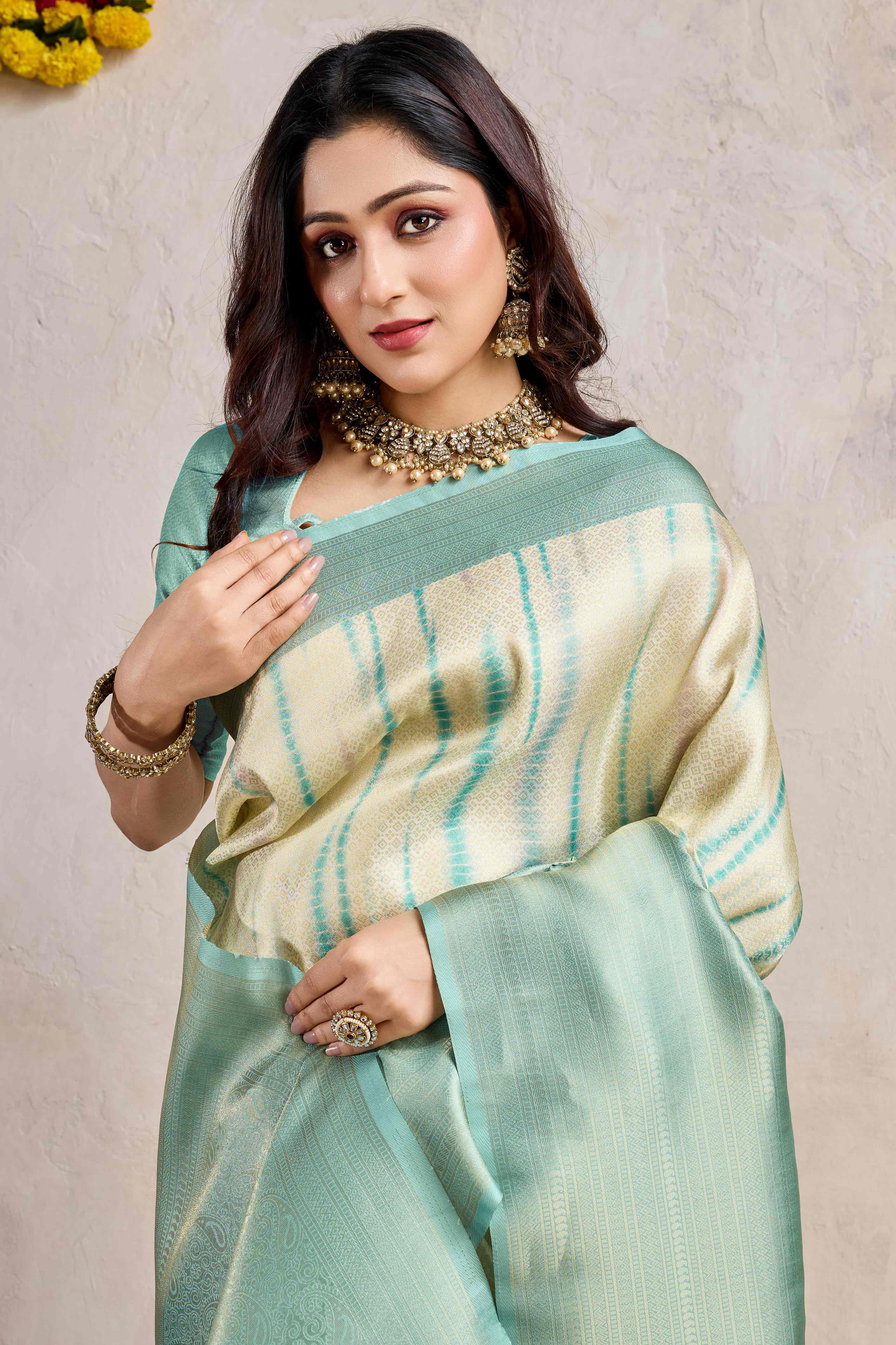 Turquoise Woven With Digital Printed Banarasi Silk Saree