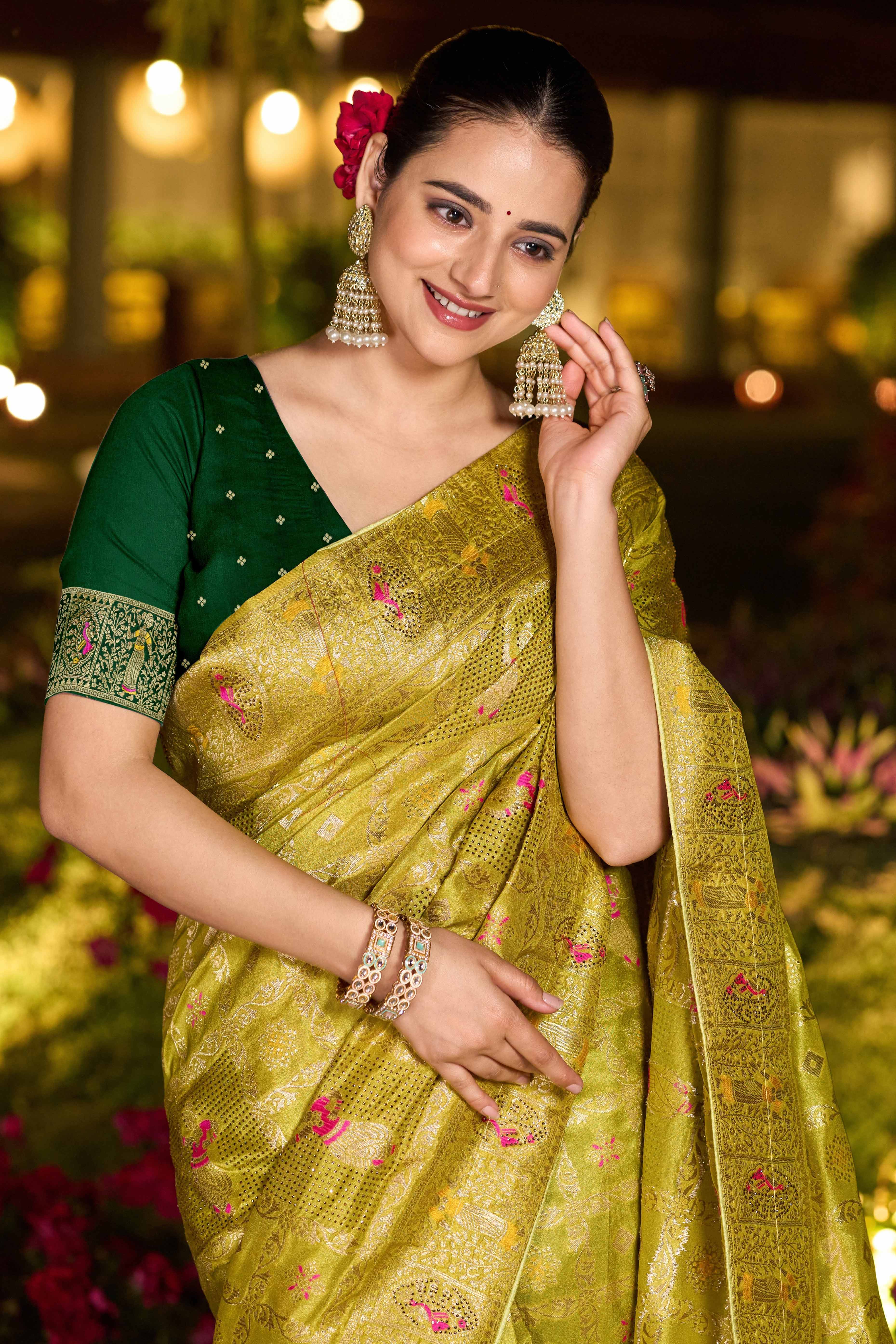 Olive Dola Silk Saree Featuring Intricate Gharchola Woven Design
