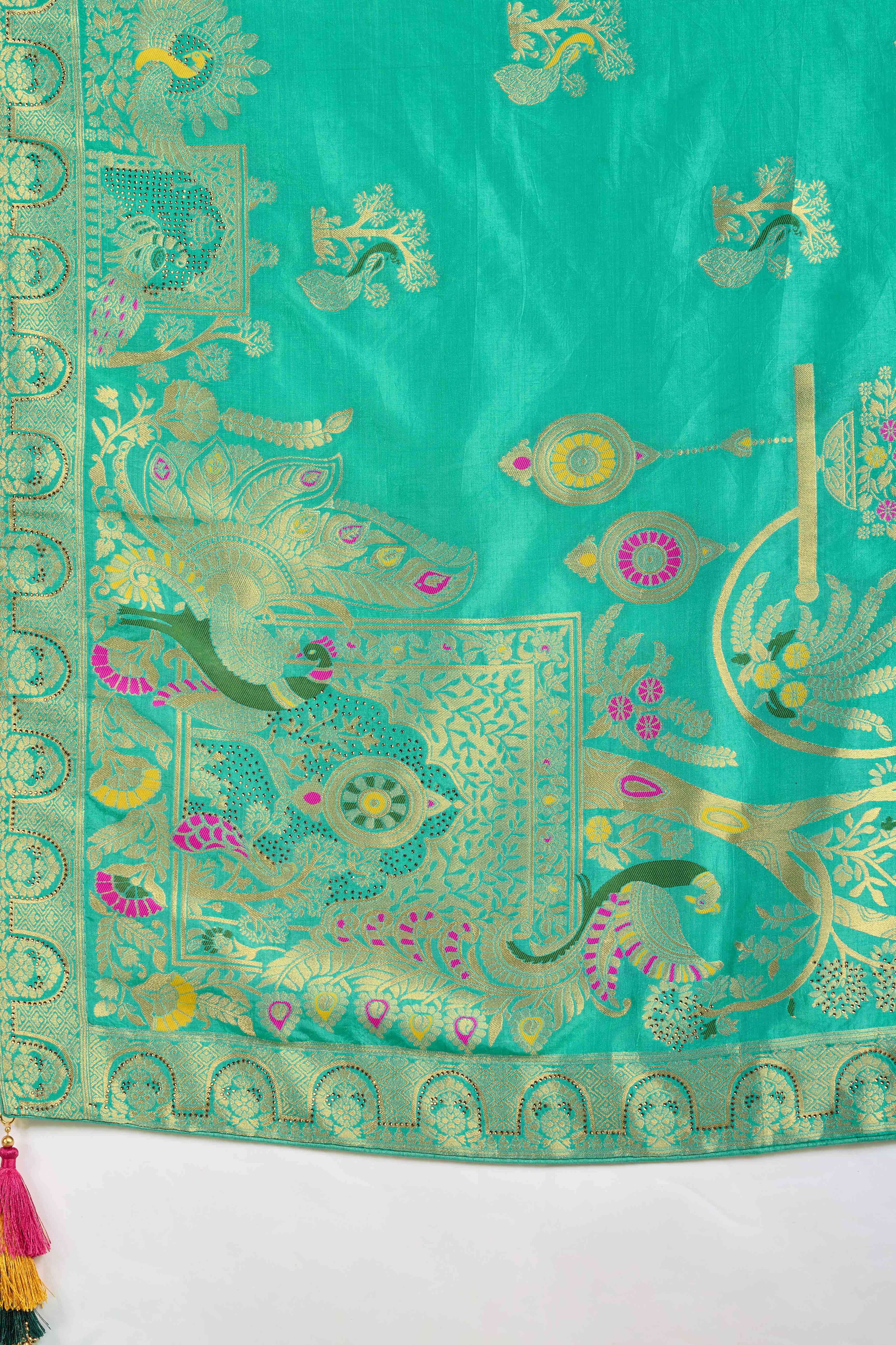 Radiant Turquoise Dola Silk Saree With Intricate Zari Weaving & Swarovski Accents