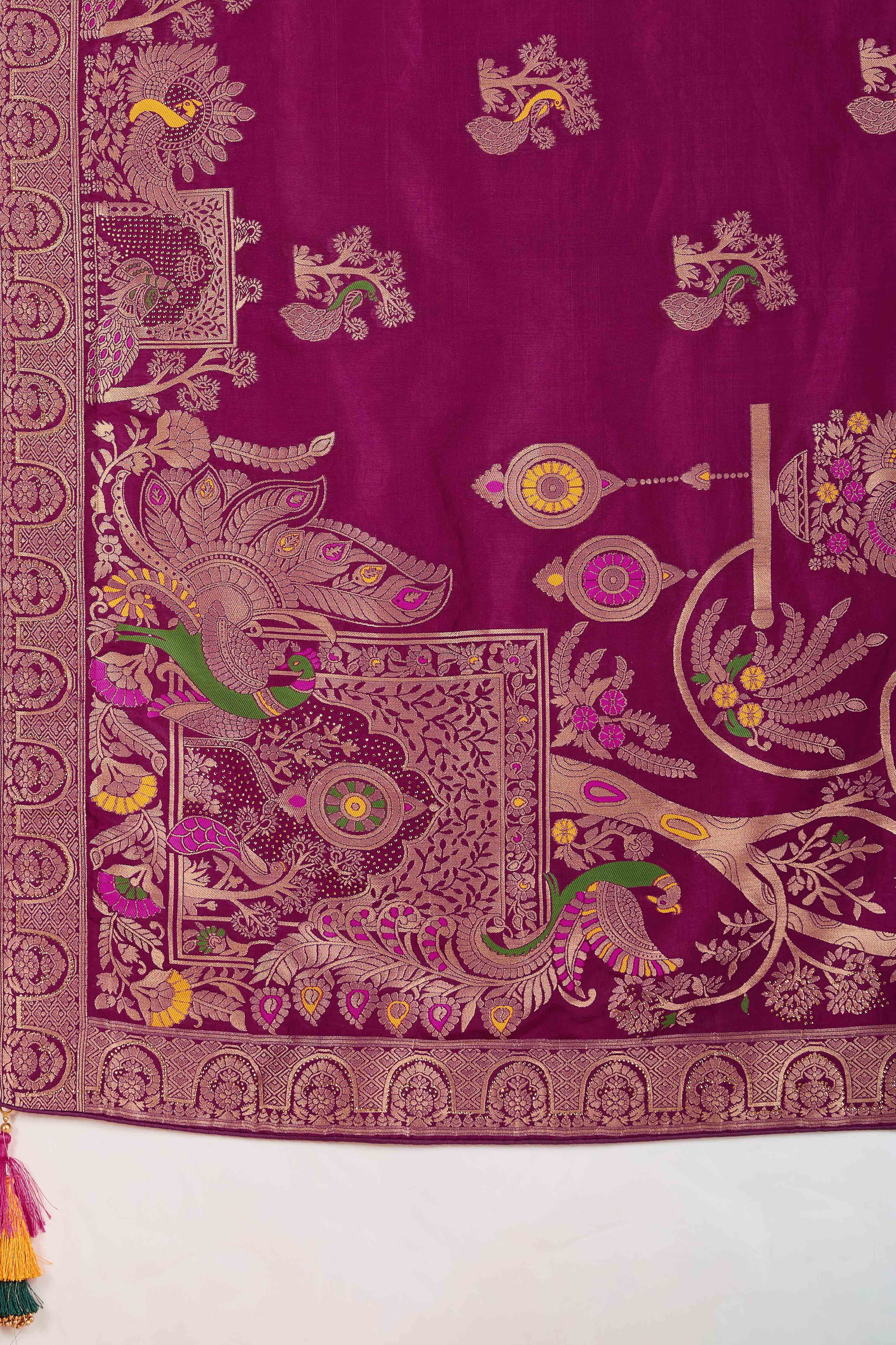 Royal Dark Magenta Dola Silk Saree With Intricate Zari Weaving & Swarovski Embellishments