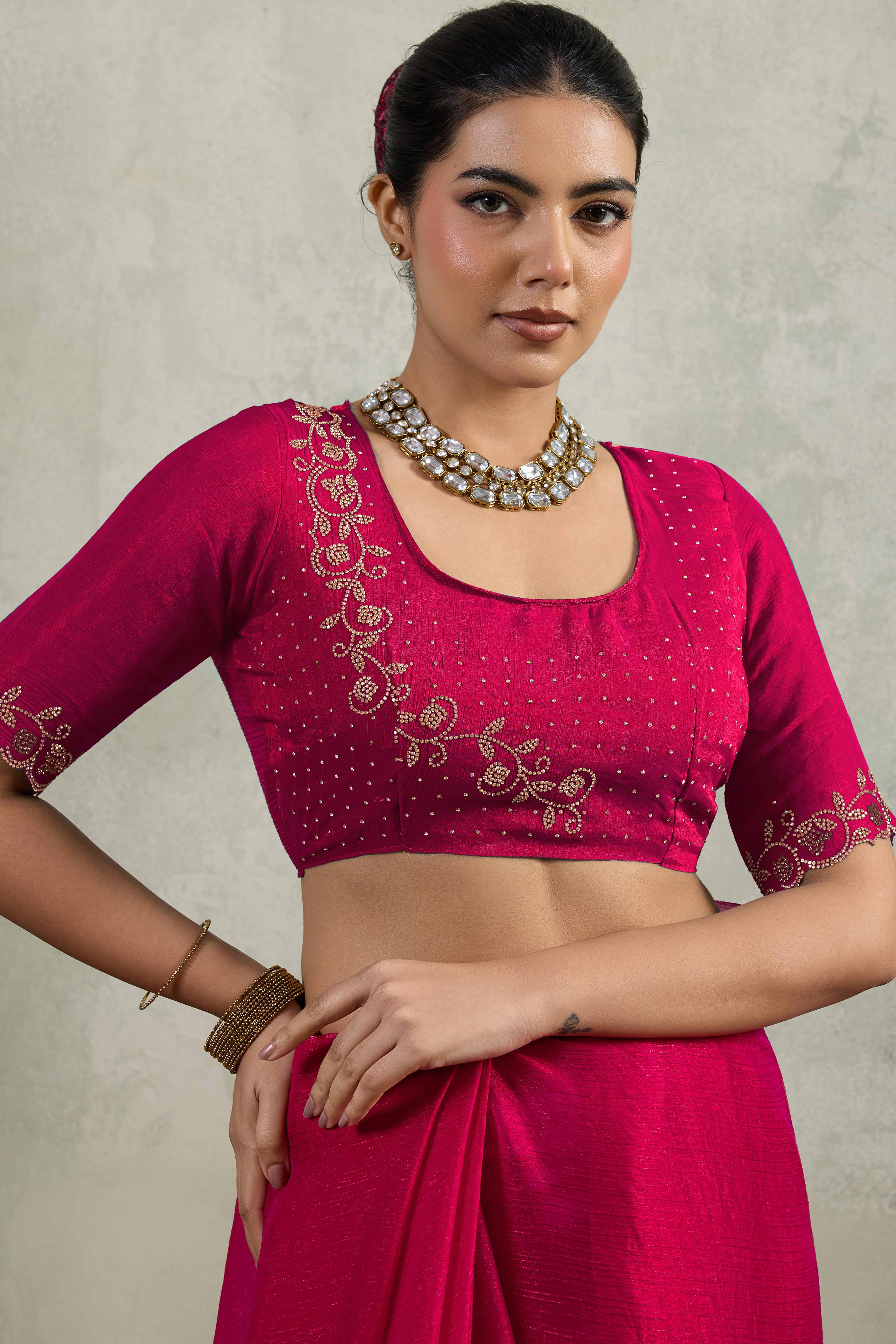 Pink Velvet Chiffon Saree Accented with Sparkling Zarkan Detailing