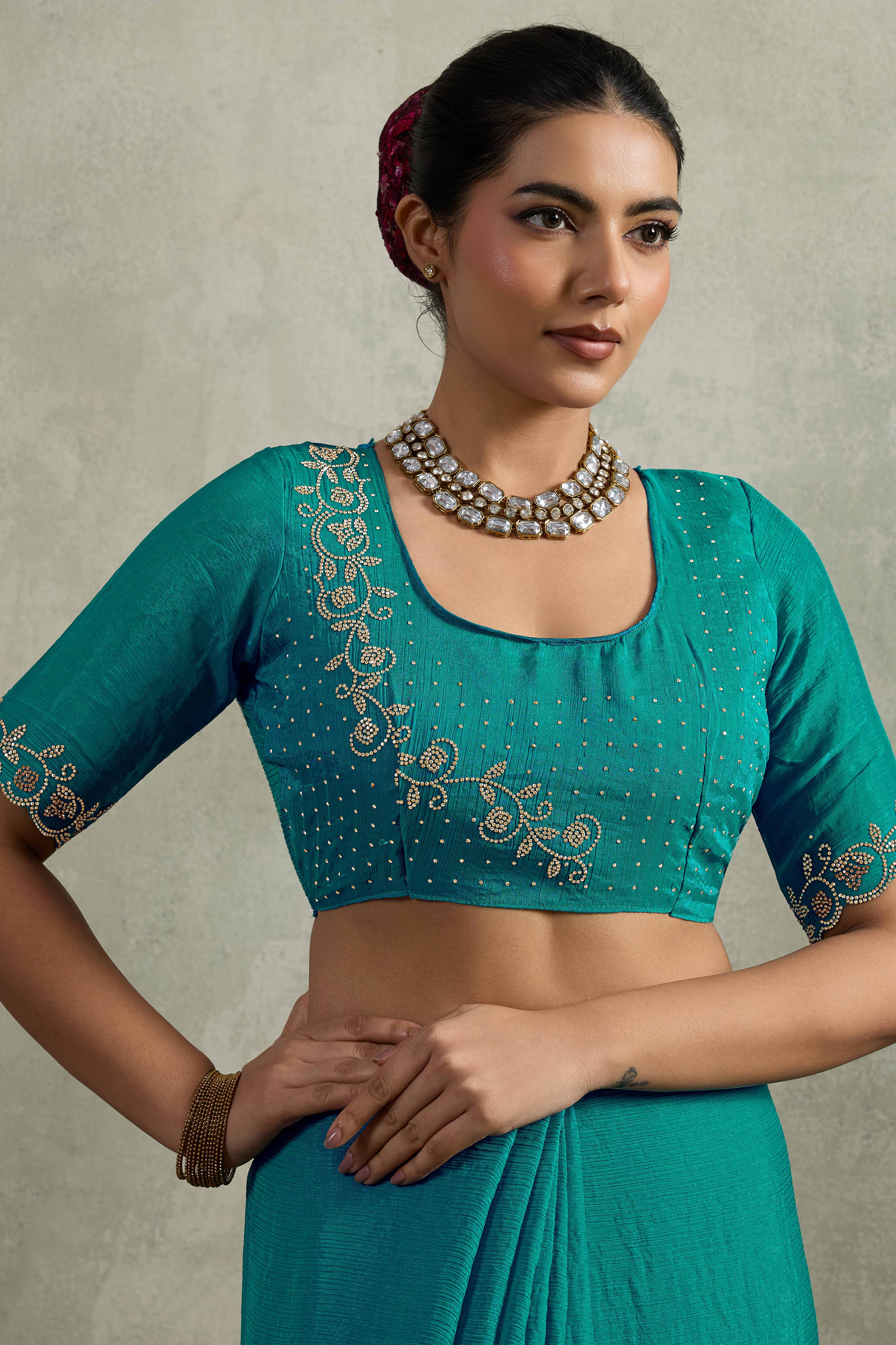 Teal Velvet Chiffon Saree Accented with Sparkling Zarkan Detailing