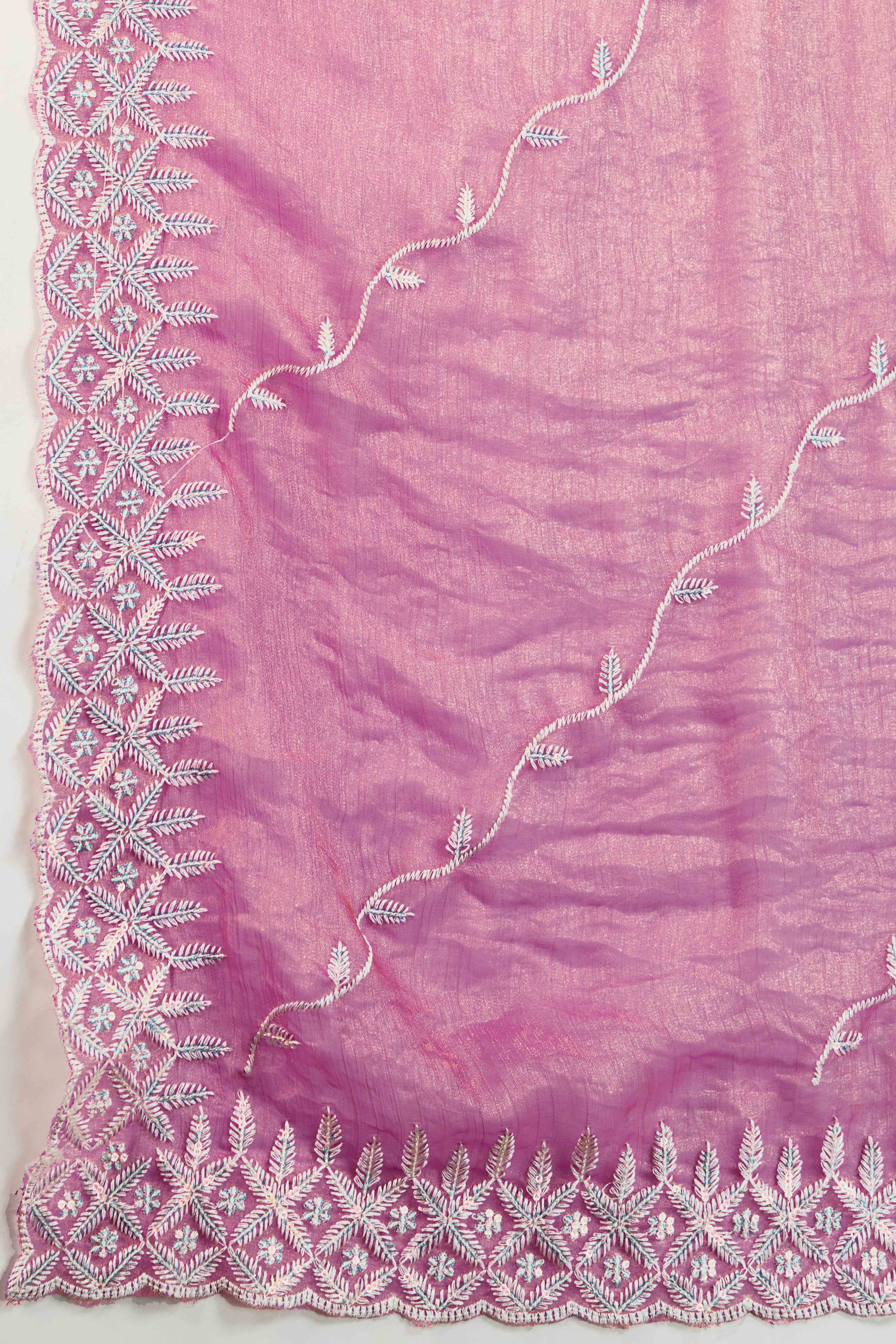 Pink Chiffon Saree with Rich Velvet Accents & Thread Detailing