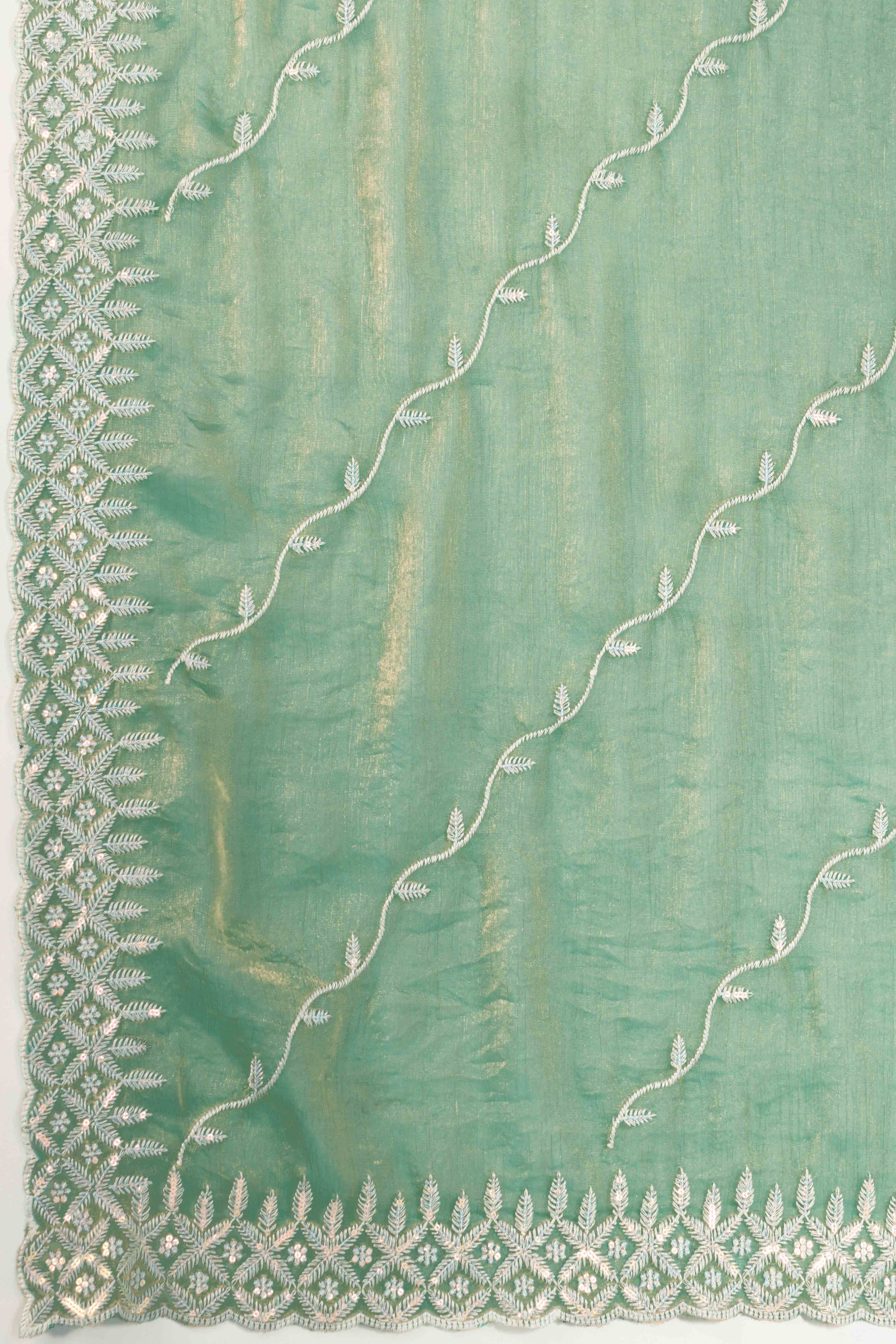 Sea Green Chiffon Saree with Rich Velvet Accents & Thread Detailing