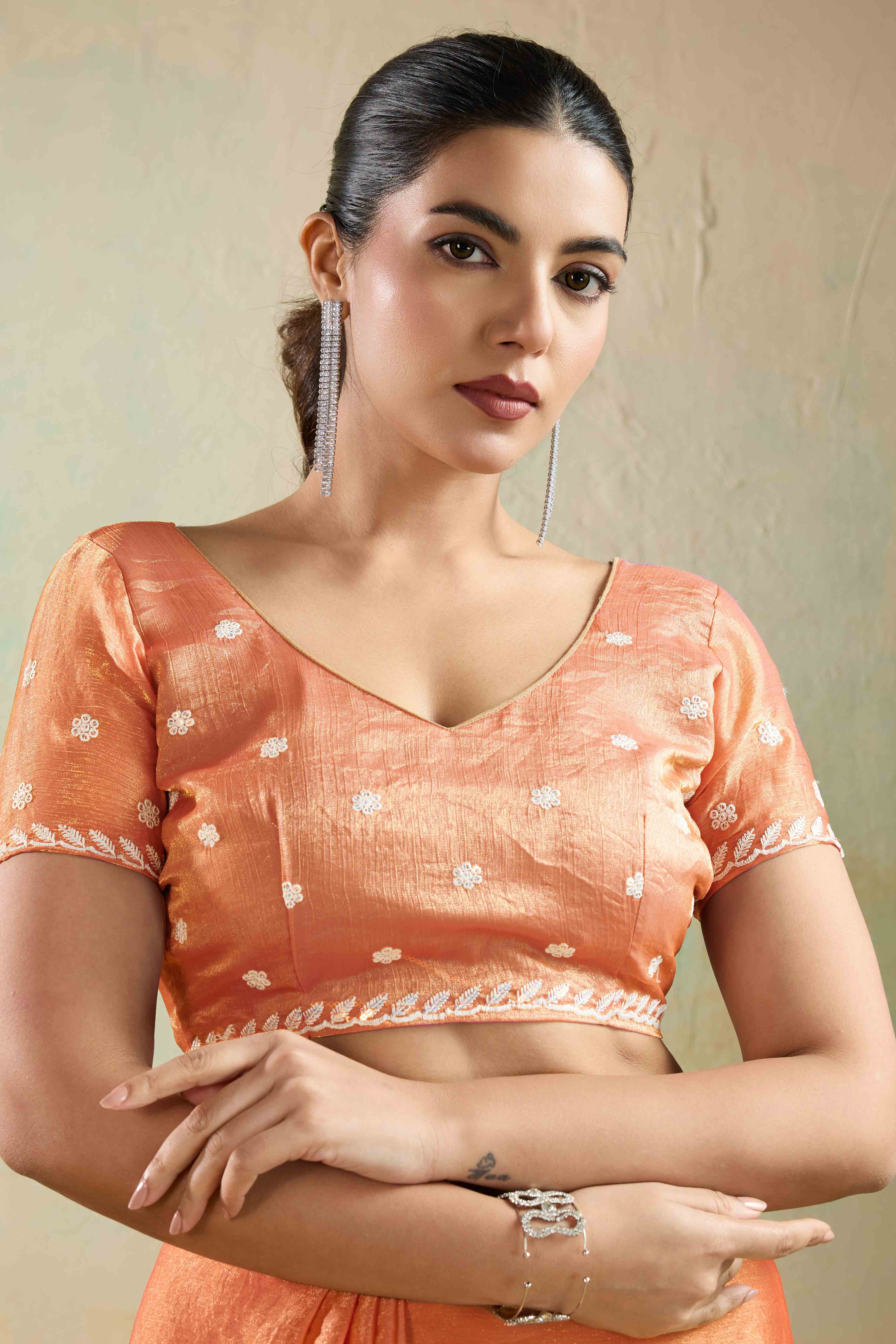 Light Orange Chiffon Saree with Rich Velvet Accents & Thread Detailing