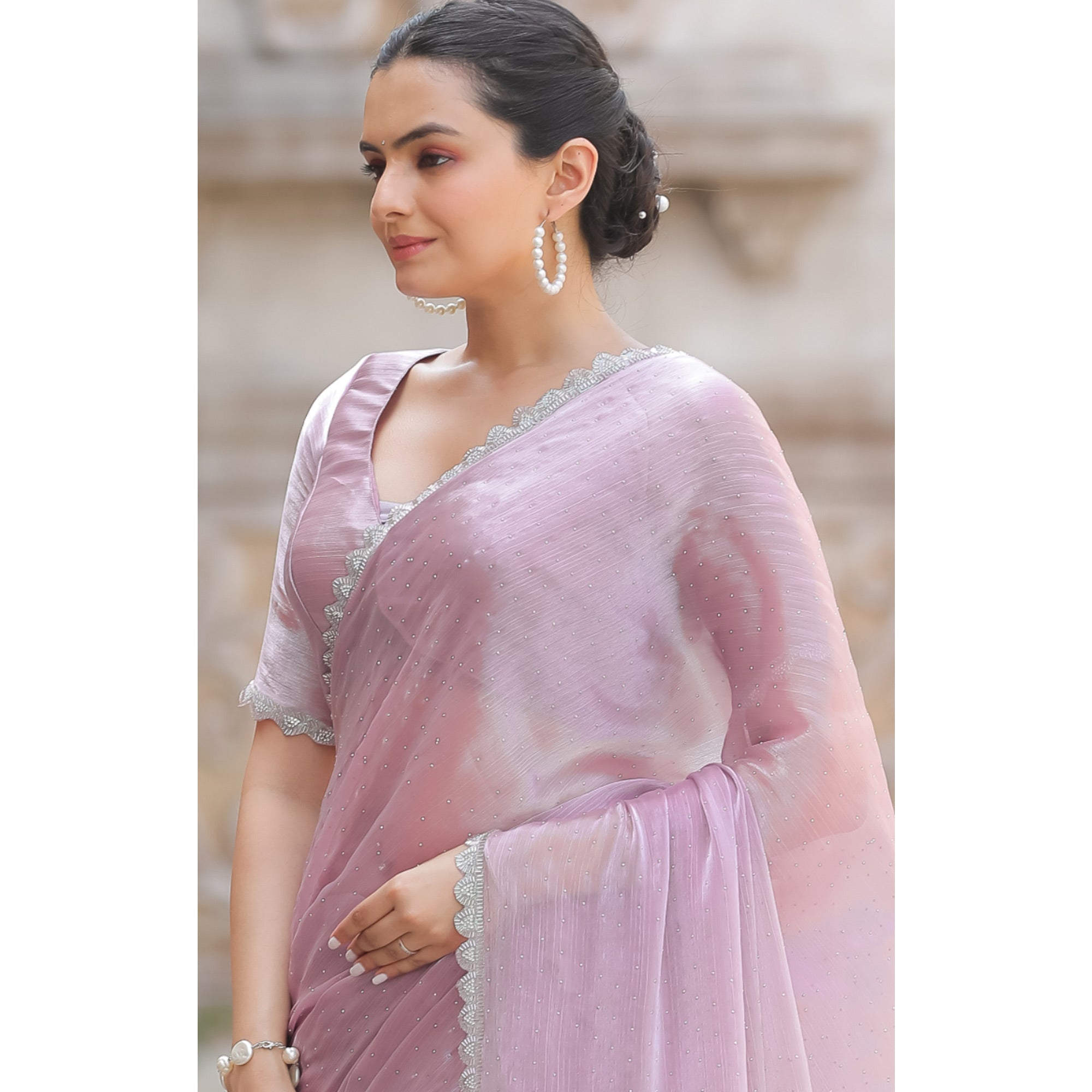 Lavender Stonework Tussar Silk Saree