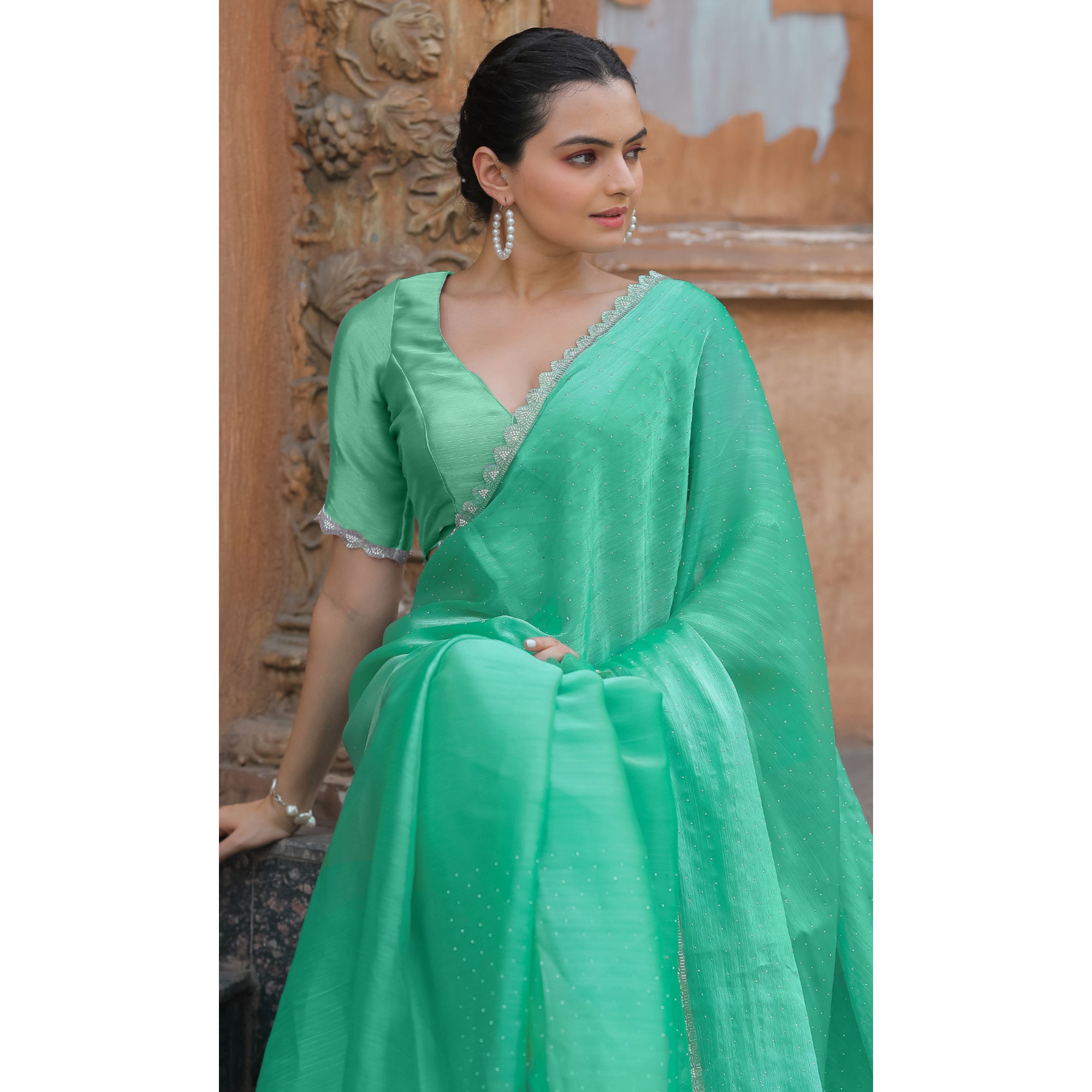 Sea Green Stonework Tussar Silk Saree