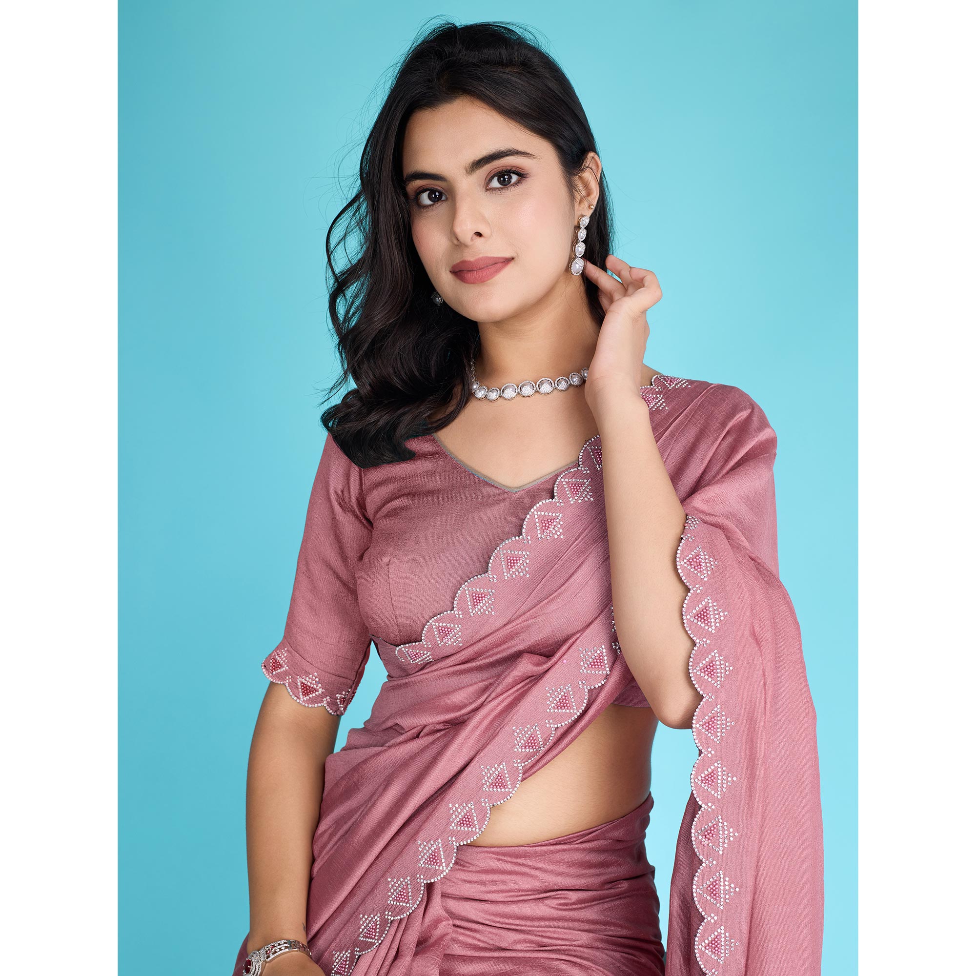 Dusty Rose Pink Solid With Zarkan & Pearl Diamond Lace Khadi Shimmer Saree