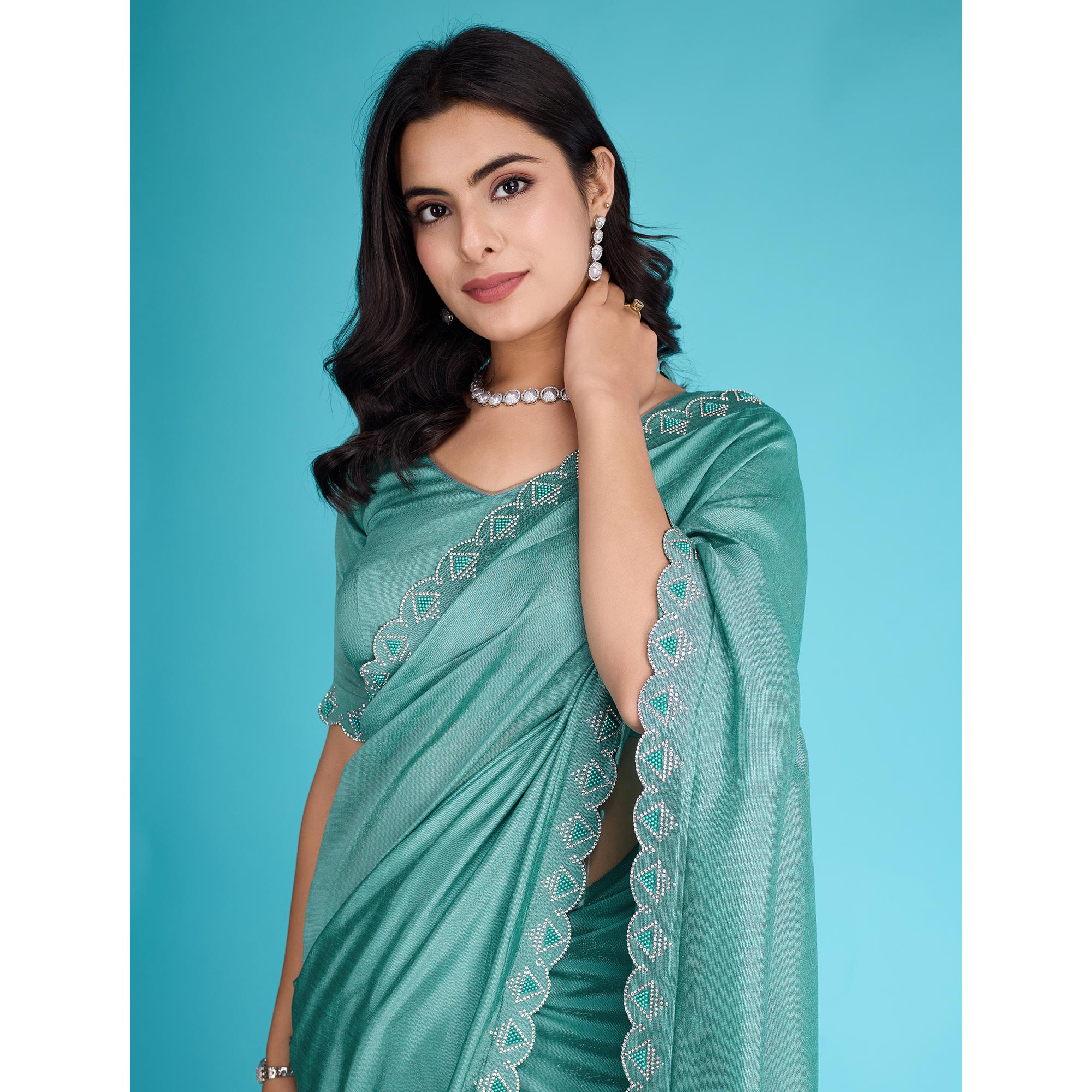 Turquoise Solid With Zarkan & Pearl Diamond Lace Khadi Shimmer Saree