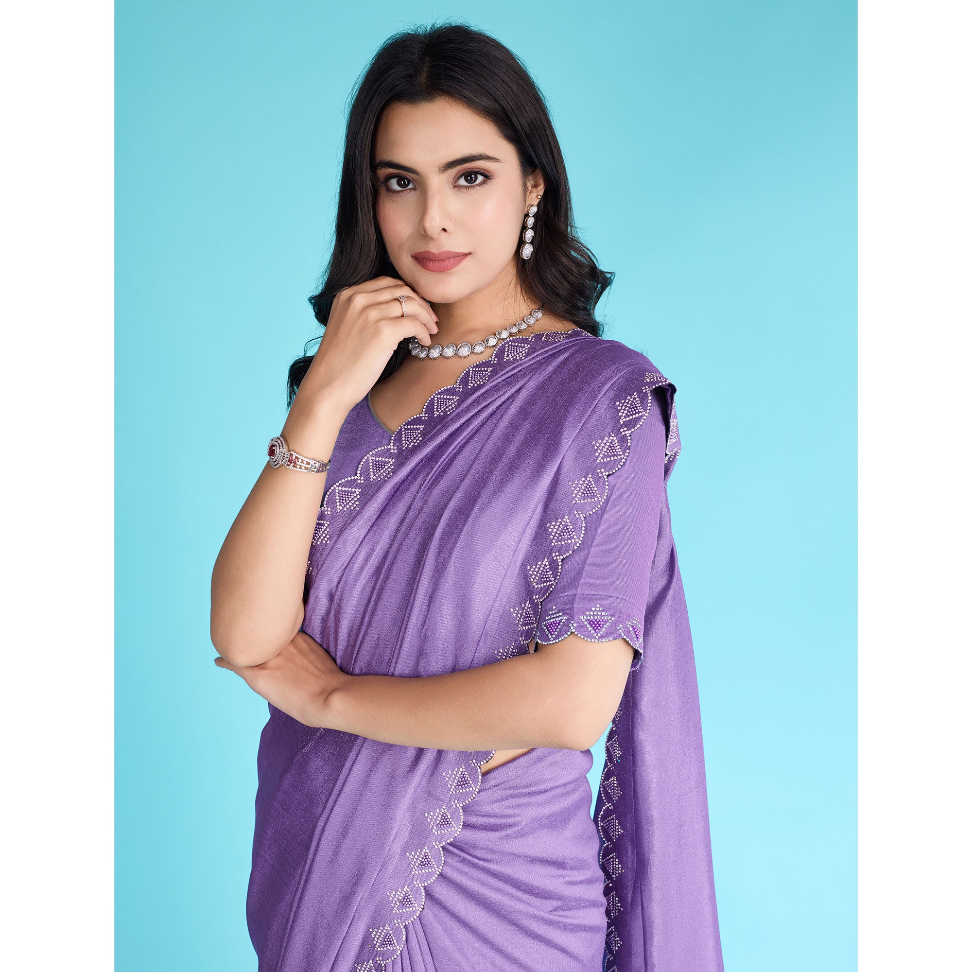 Lavender Solid With Zarkan & Pearl Diamond Lace Khadi Shimmer Saree