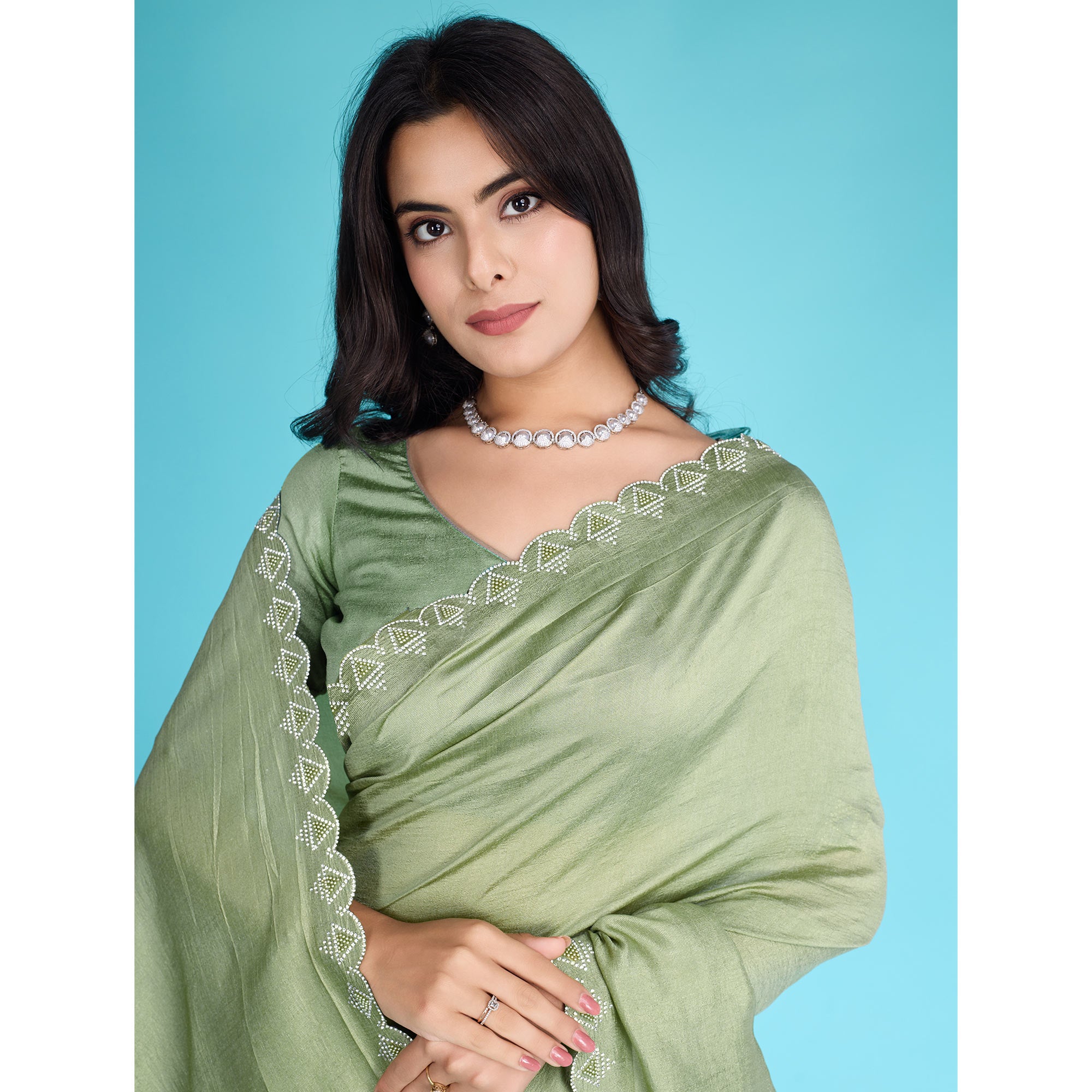 Green Solid With Zarkan & Pearl Diamond Lace Khadi Shimmer Saree