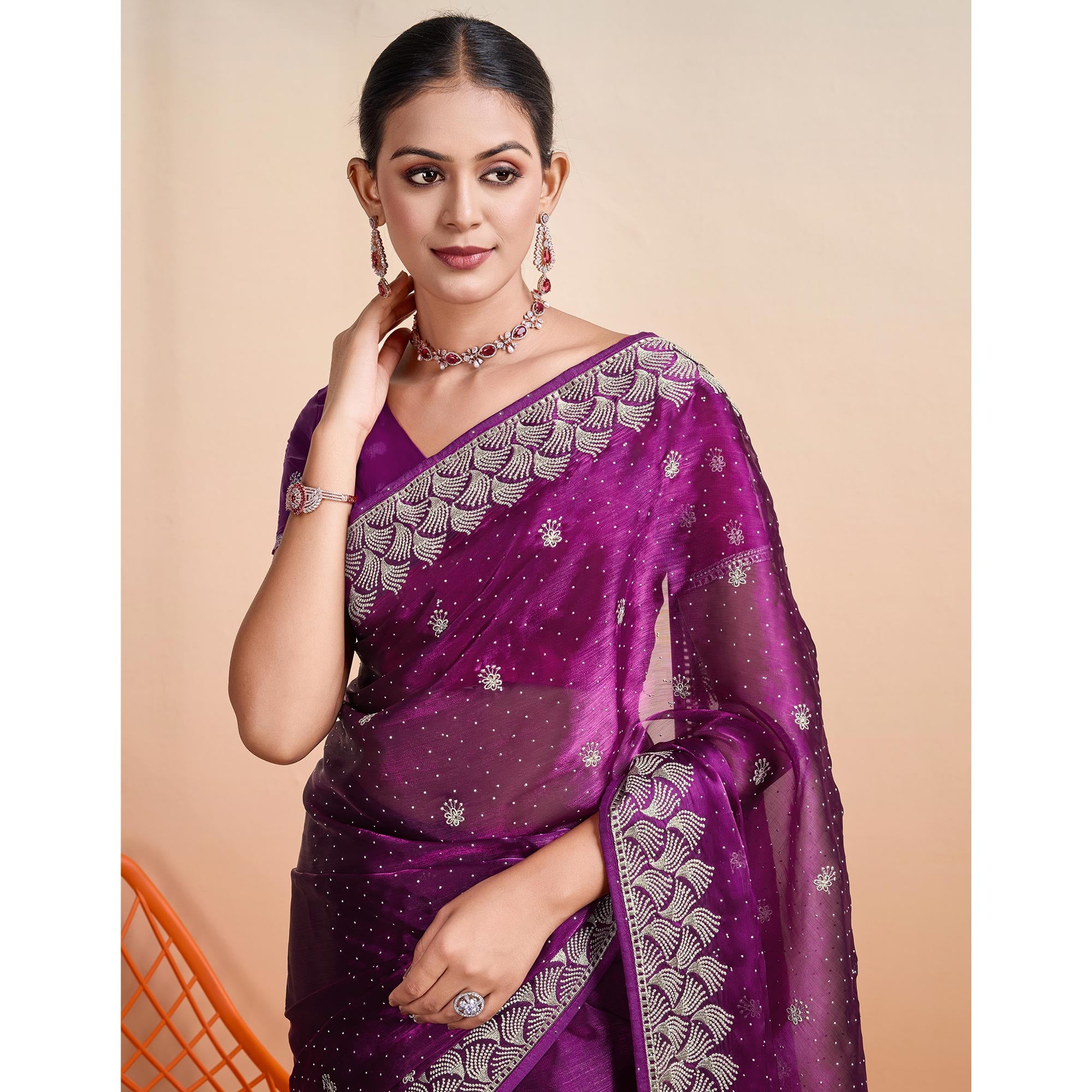 Purple Embroidered Tussar Silk Saree