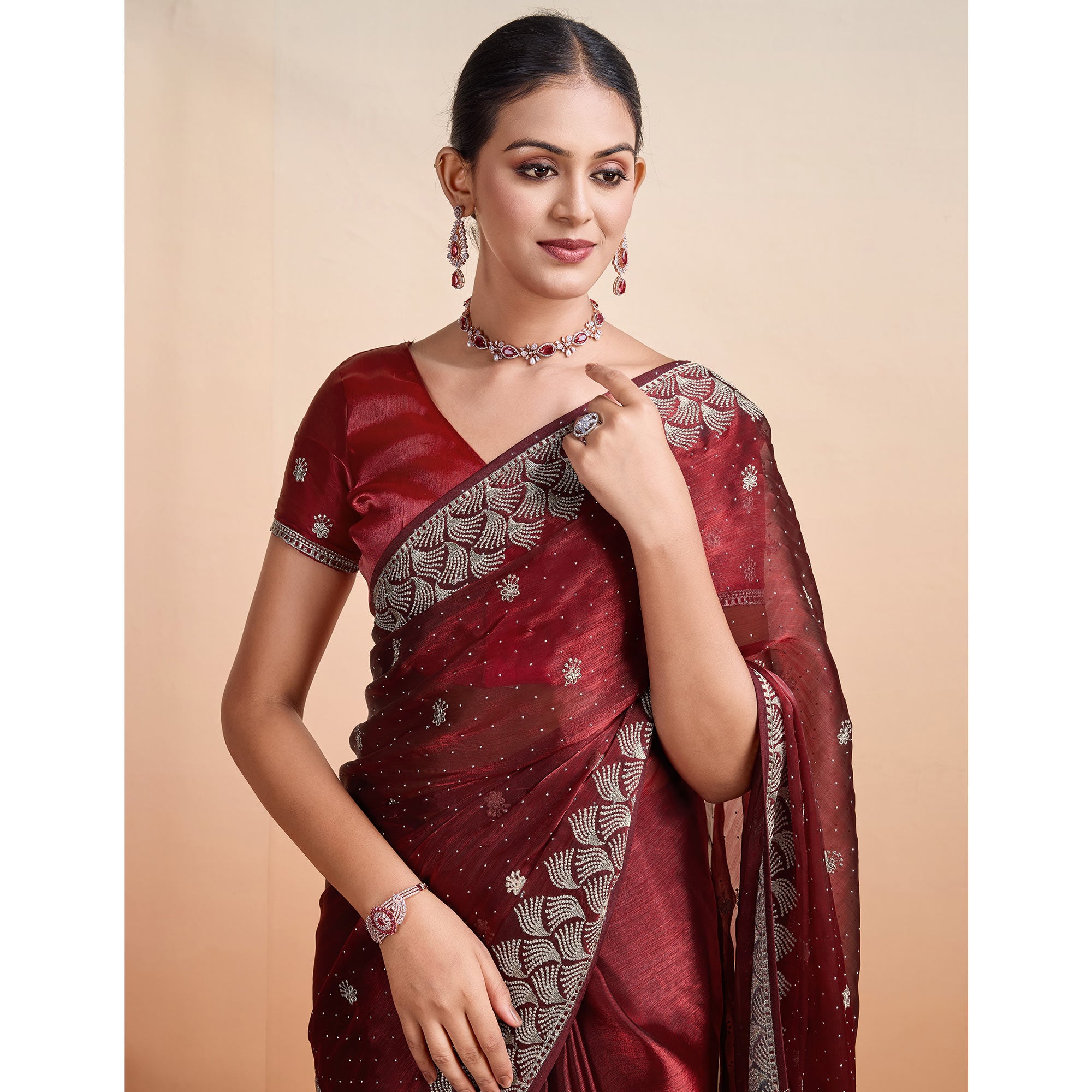 Wine Embroidered Tussar Silk Saree