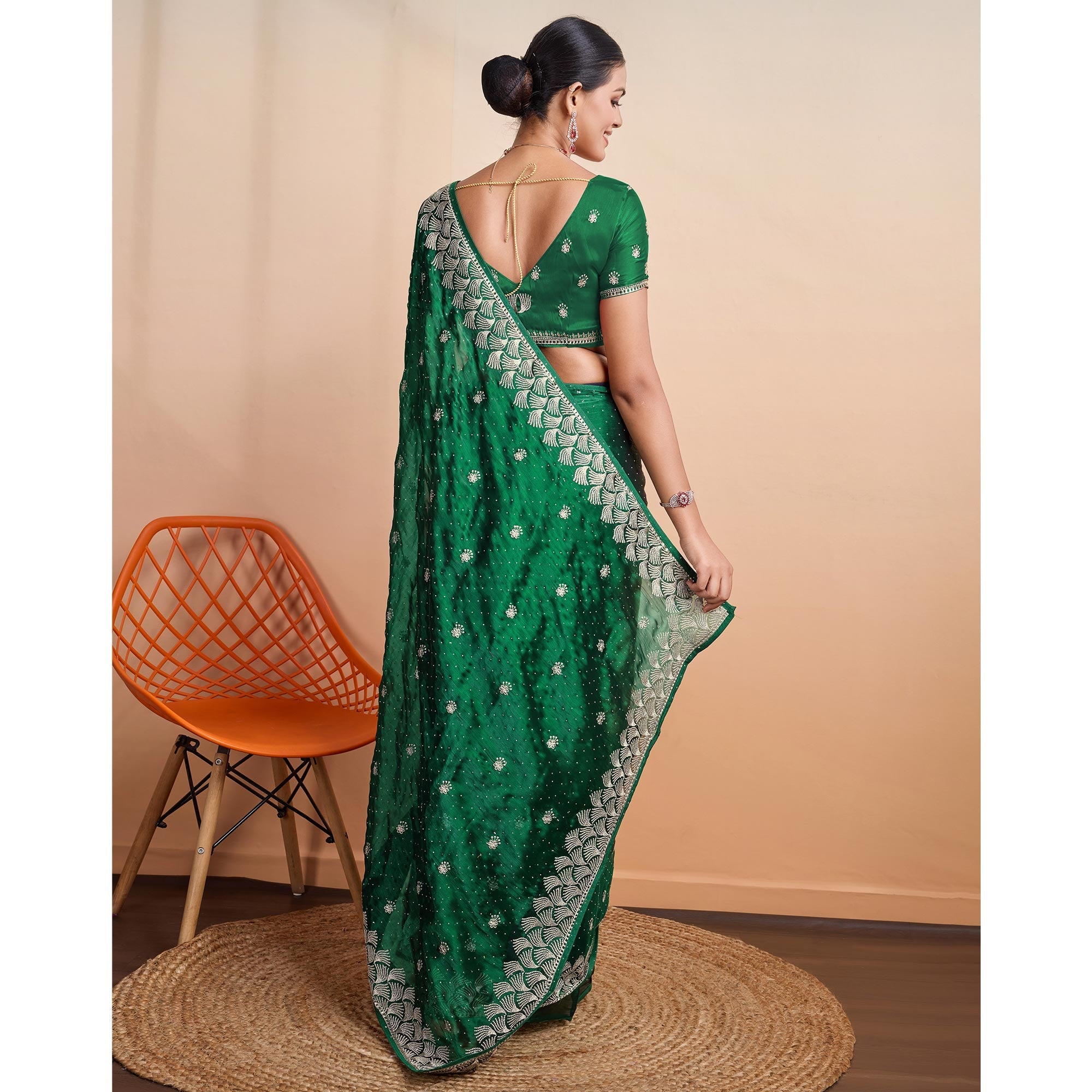 Green Embroidered Tussar Silk Saree - Image 7