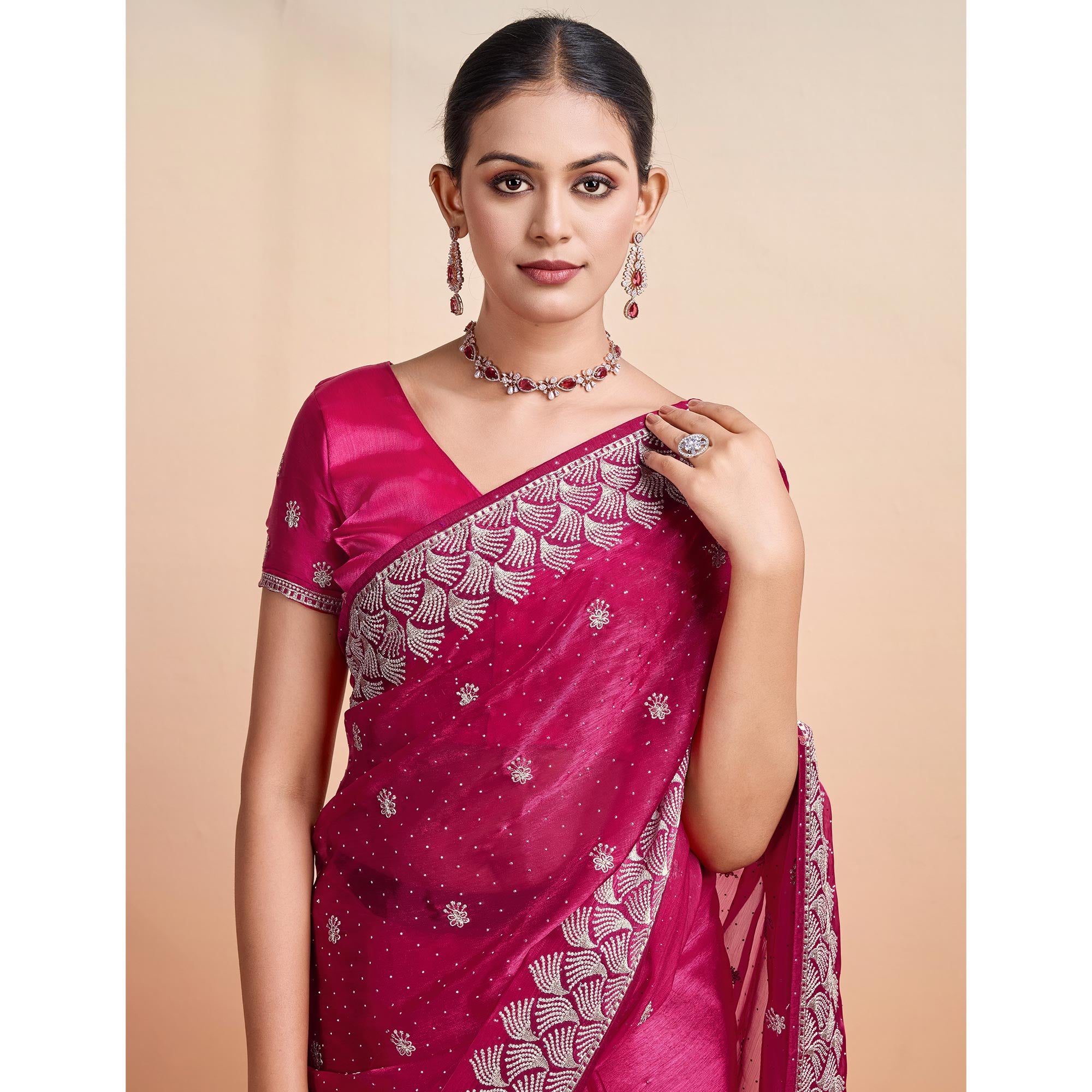 Pink Embroidered Tussar Silk Saree