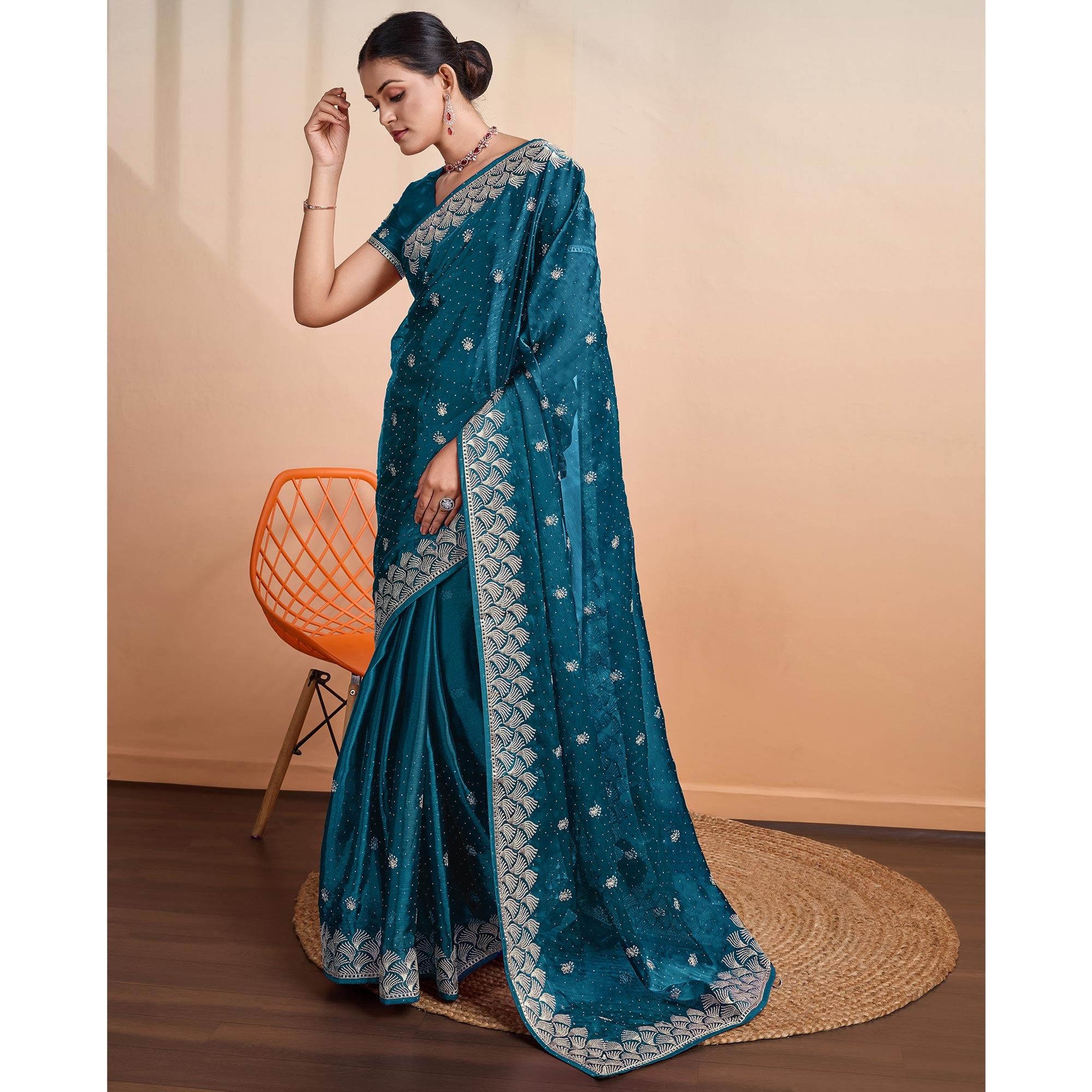Teal Embroidered Tussar Silk Saree