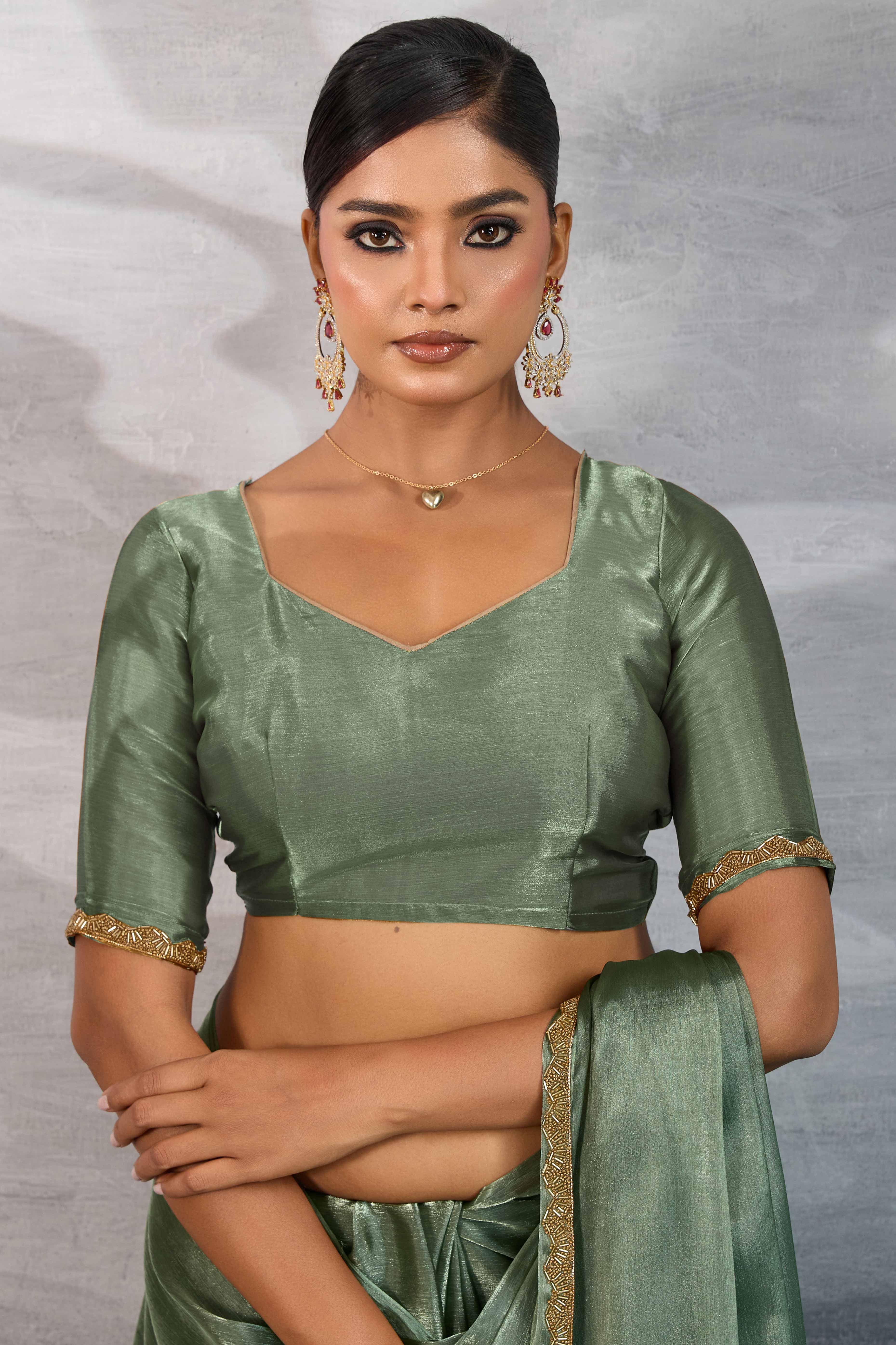 Solid Sage Green Chiffon Saree Featuring Beads Embellished Border