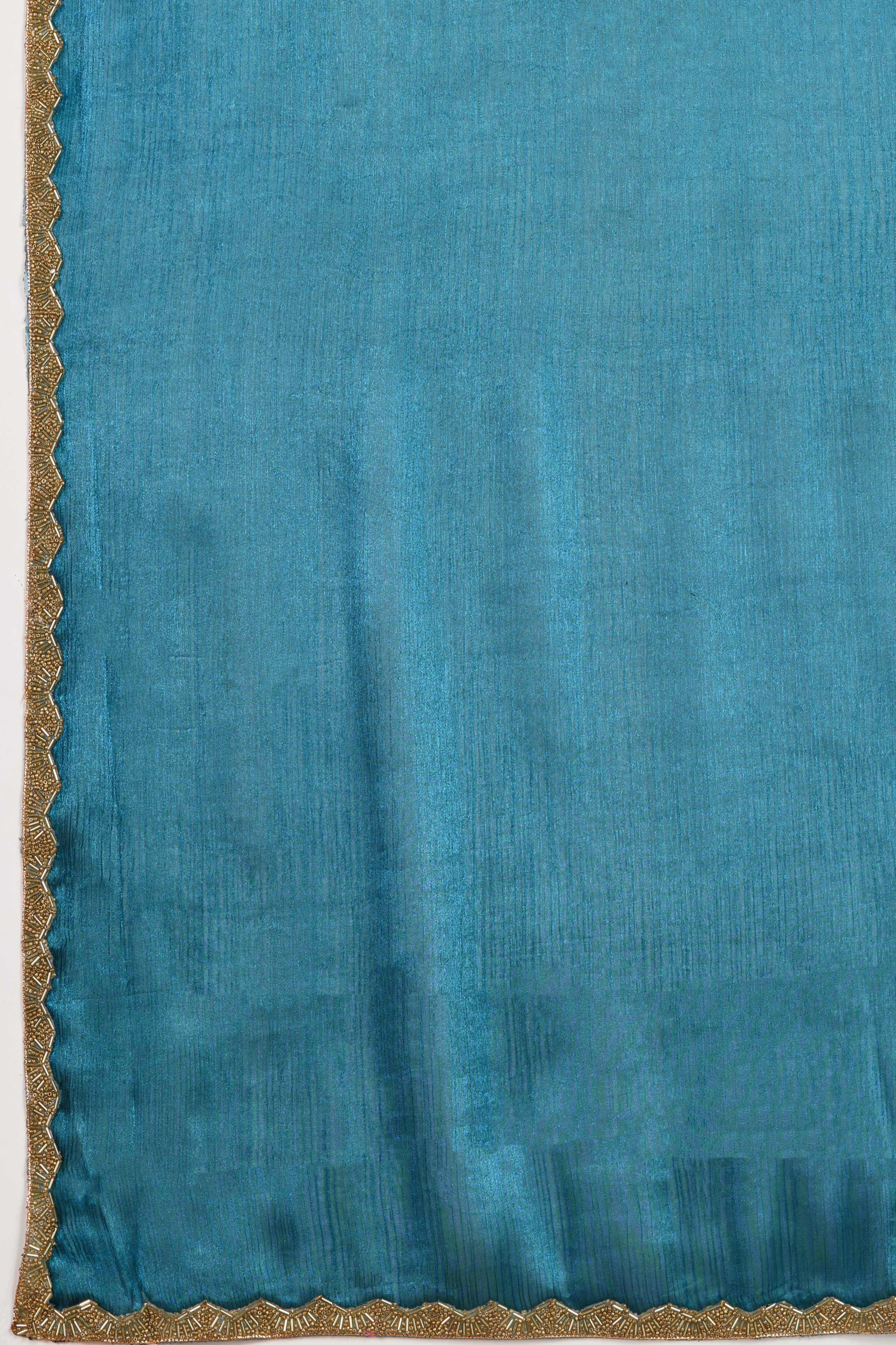 Solid Teal Chiffon Saree Featuring Beads Embellished Border