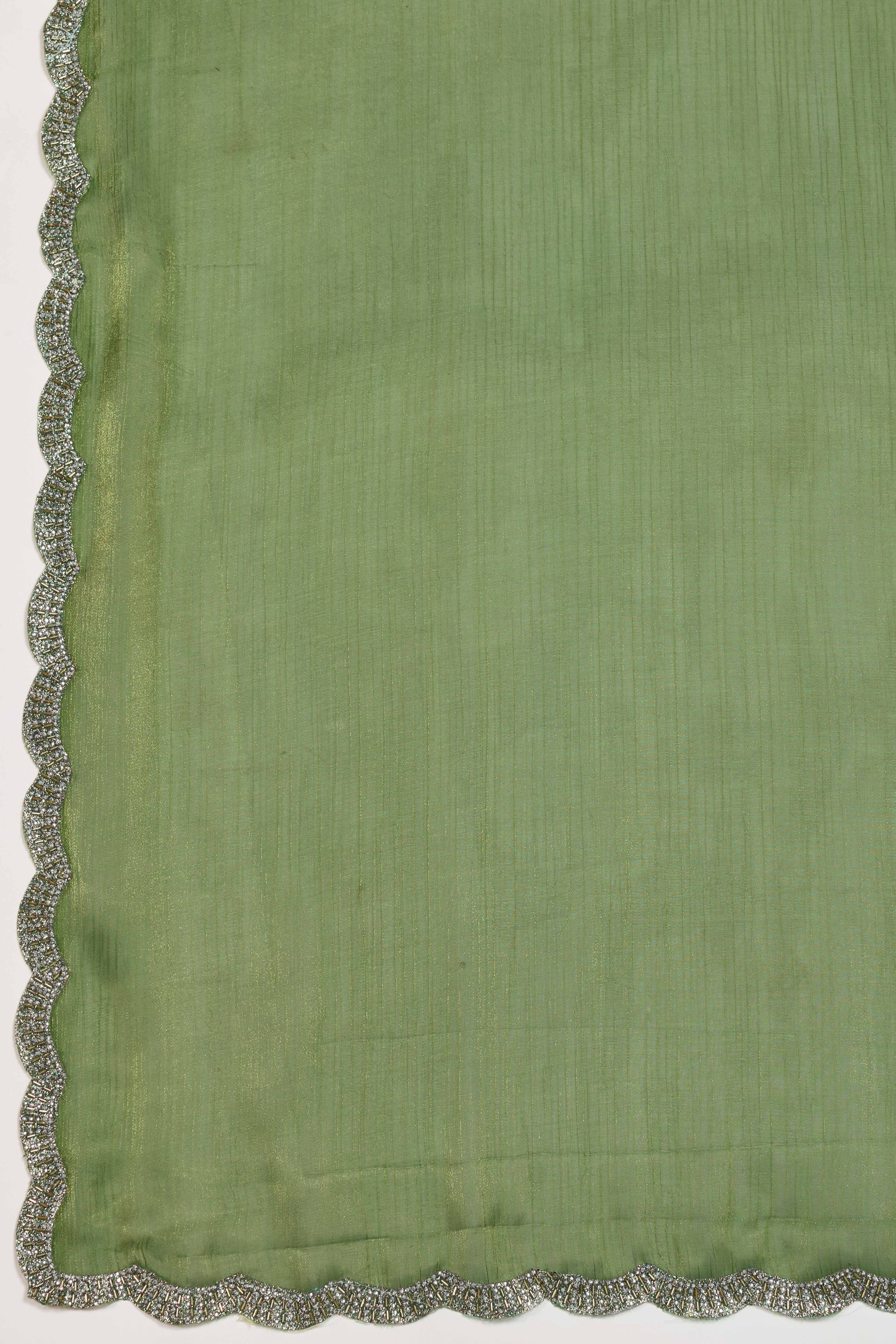 Green Burberry Chiffon Saree Embellished With Zarkan & Cutdana Appliqué Lace Border