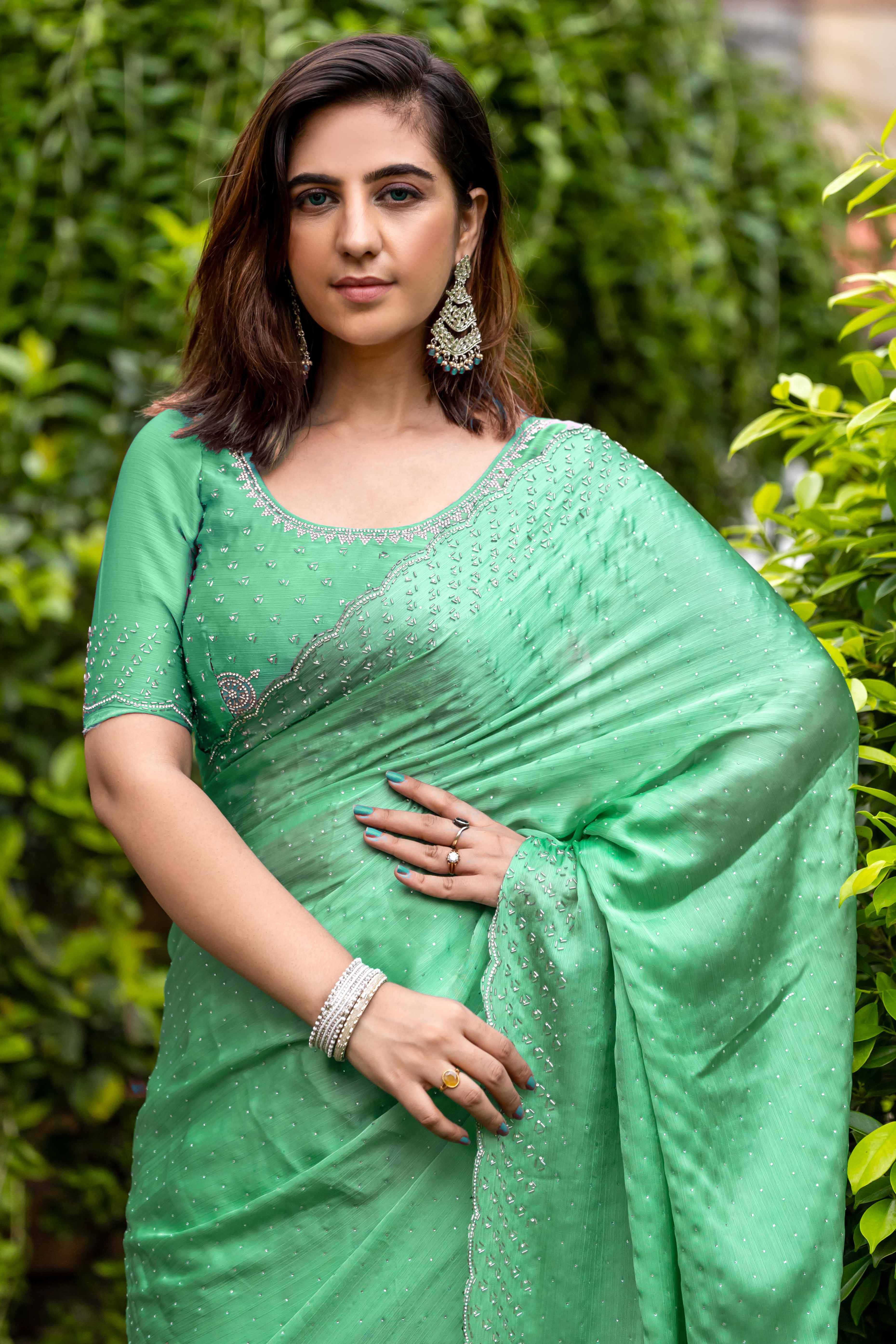 Ethereal Mint Green Satin Chiffon Saree with Handcrafted Sequin & Bead Detailing