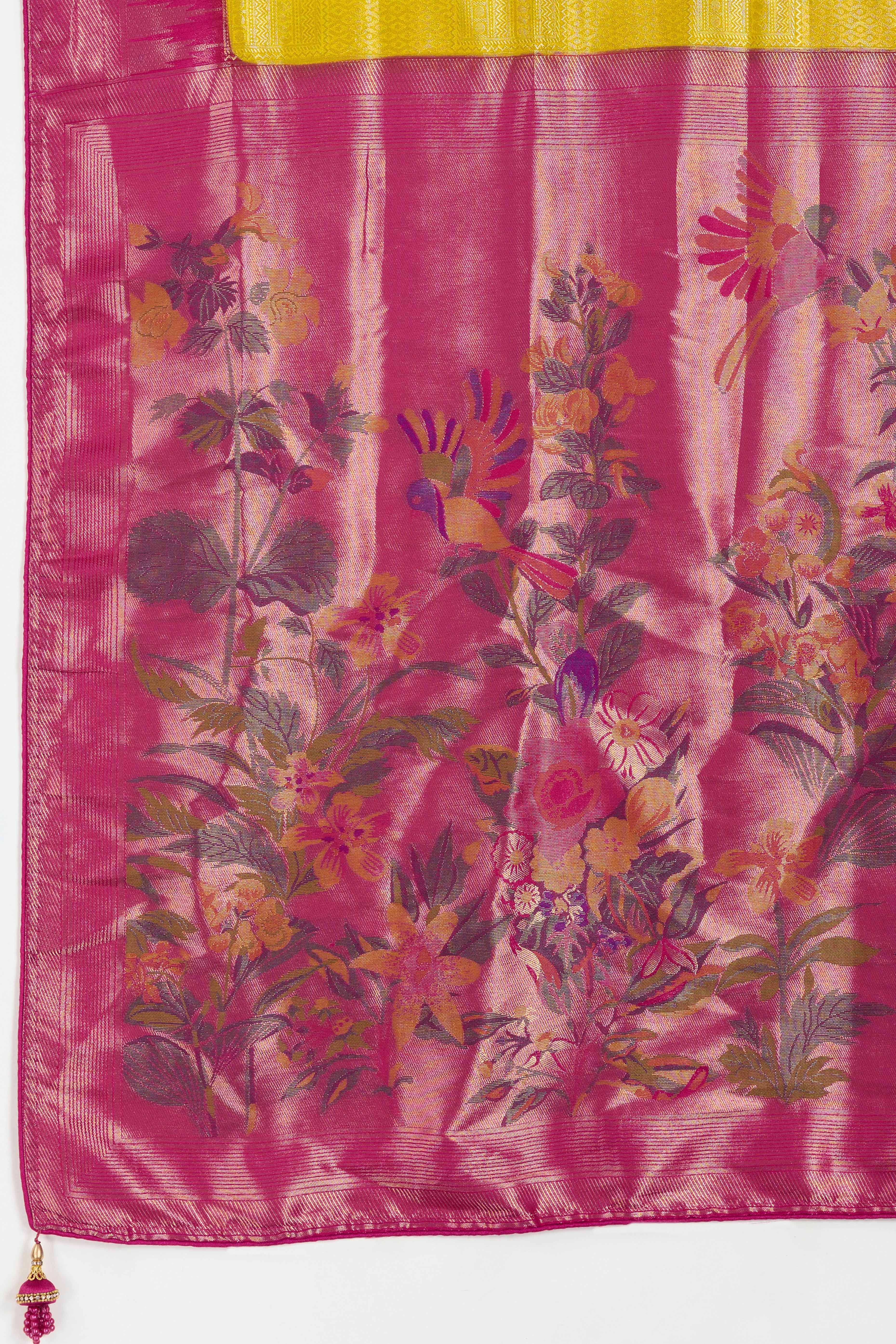 Mustard Silk Kanjivaram Saree Enhanced With Kadiyal Weaving Borders