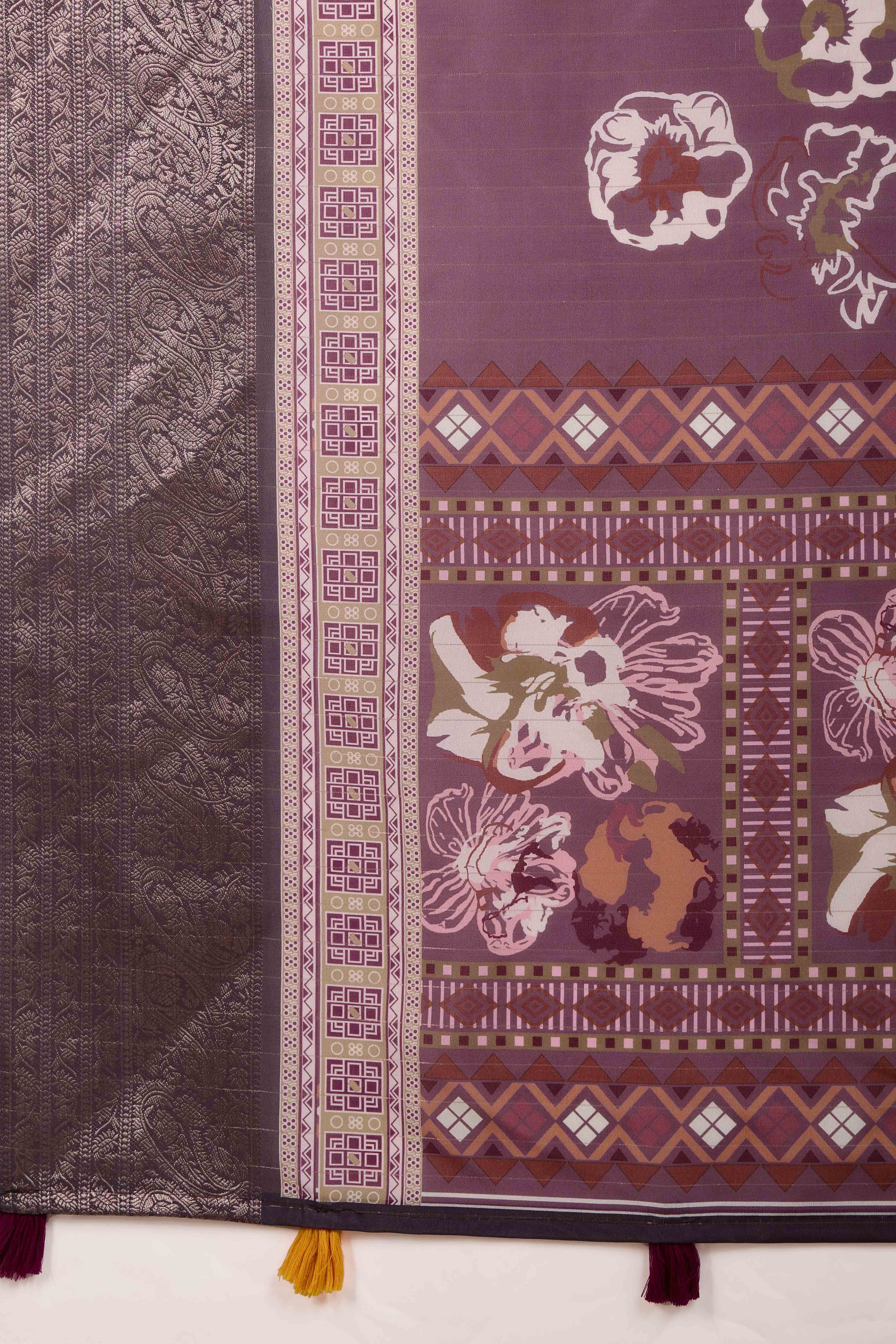 Dark Mauve Floral Printed Crepe Saree With Rich Zari Border