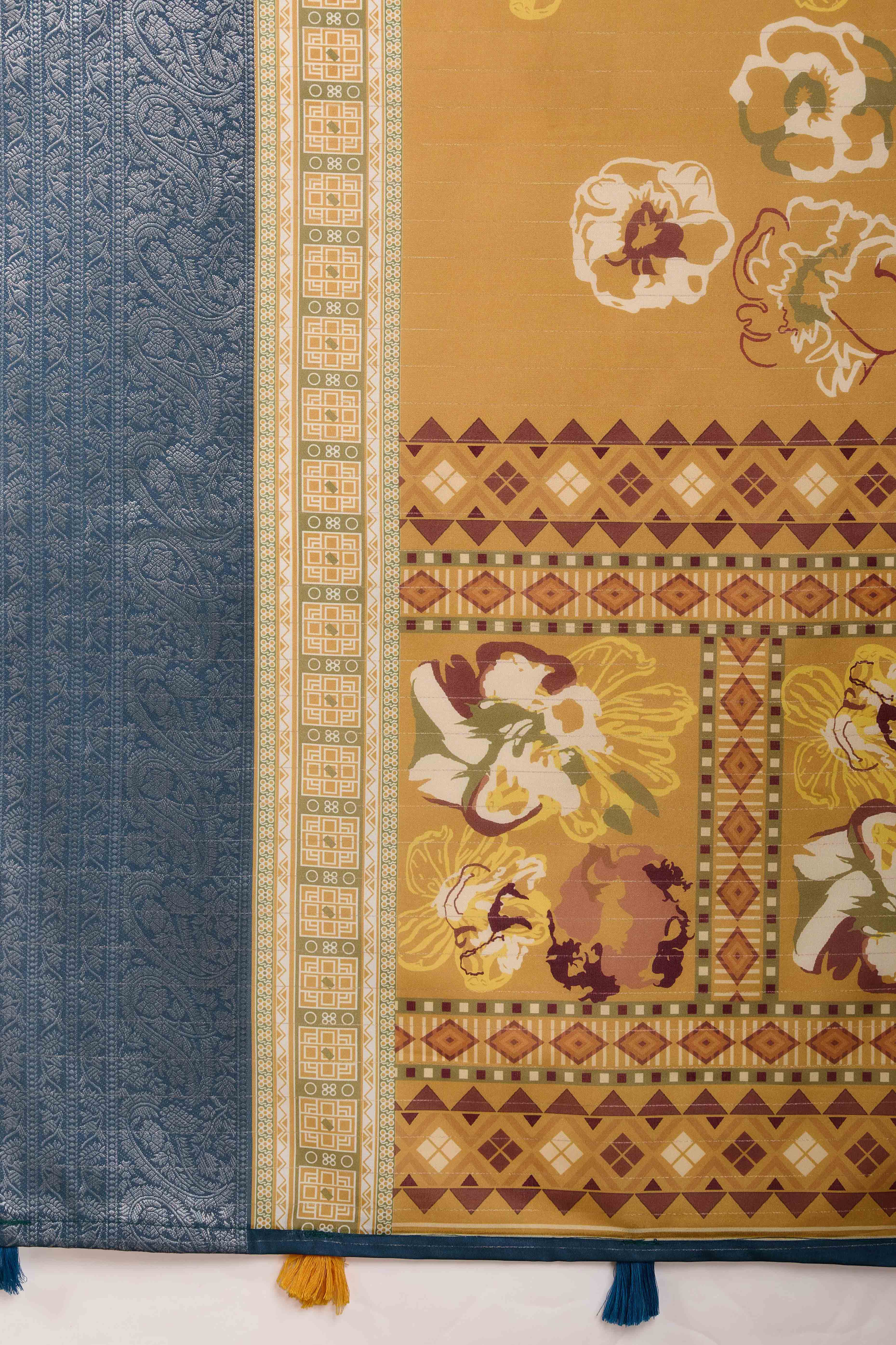 Mustard Floral Printed Crepe Saree With Rich Zari Border