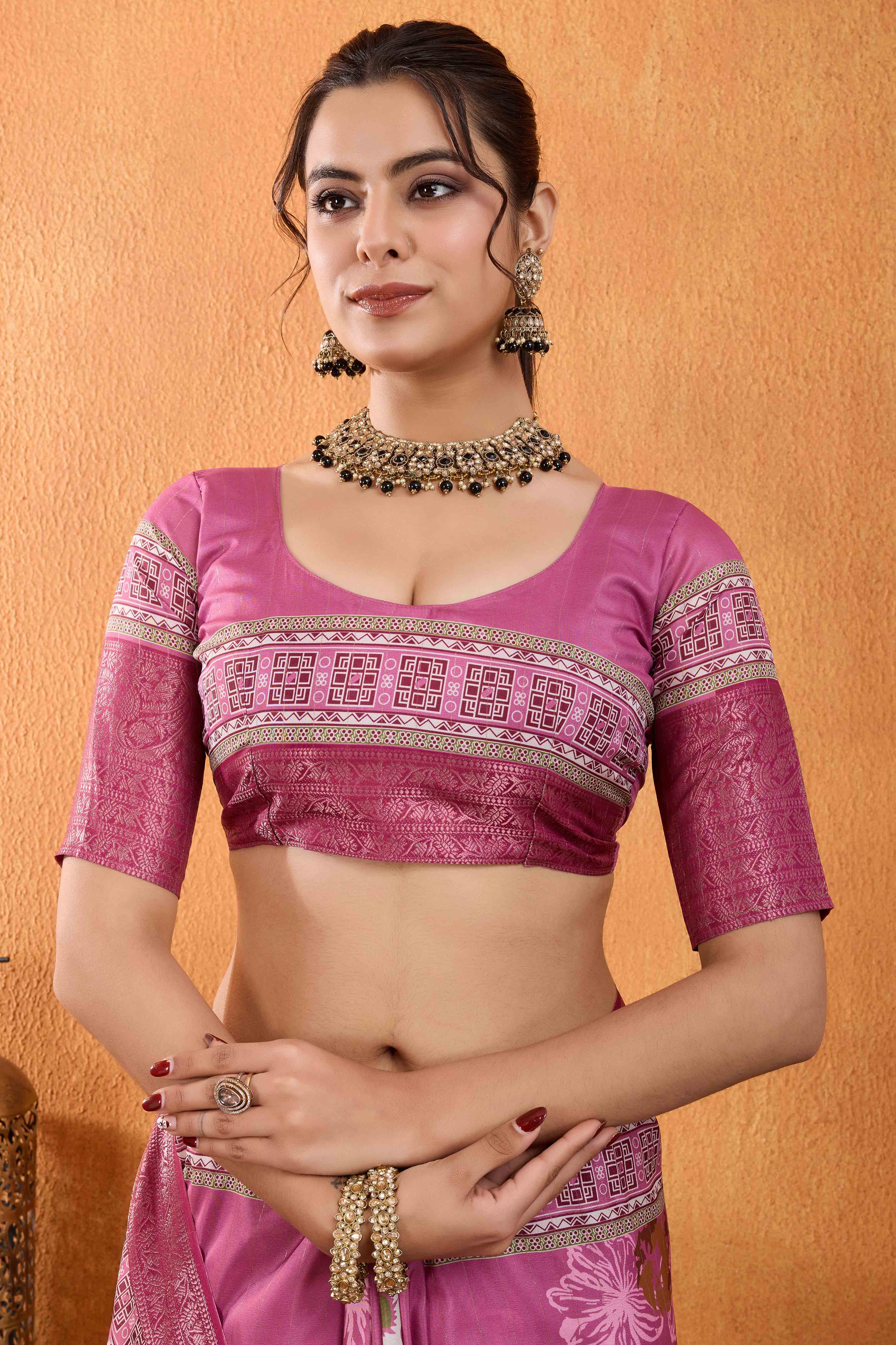 Pink Floral Printed Crepe Saree With Rich Zari Border