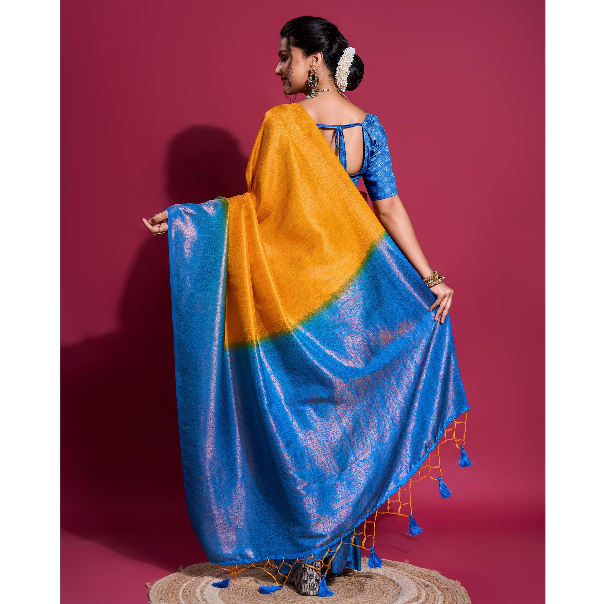 Yellow & Blue Woven Kanjivaram Silk Saree With Tassels