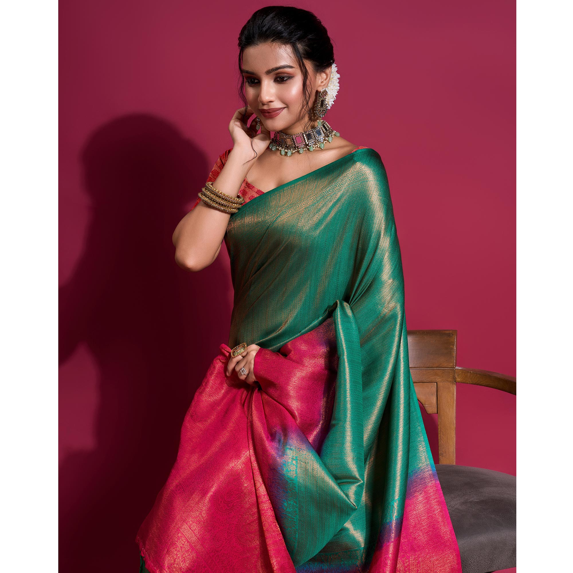 Green & Pink Woven Kanjivaram Silk Saree With Tassels