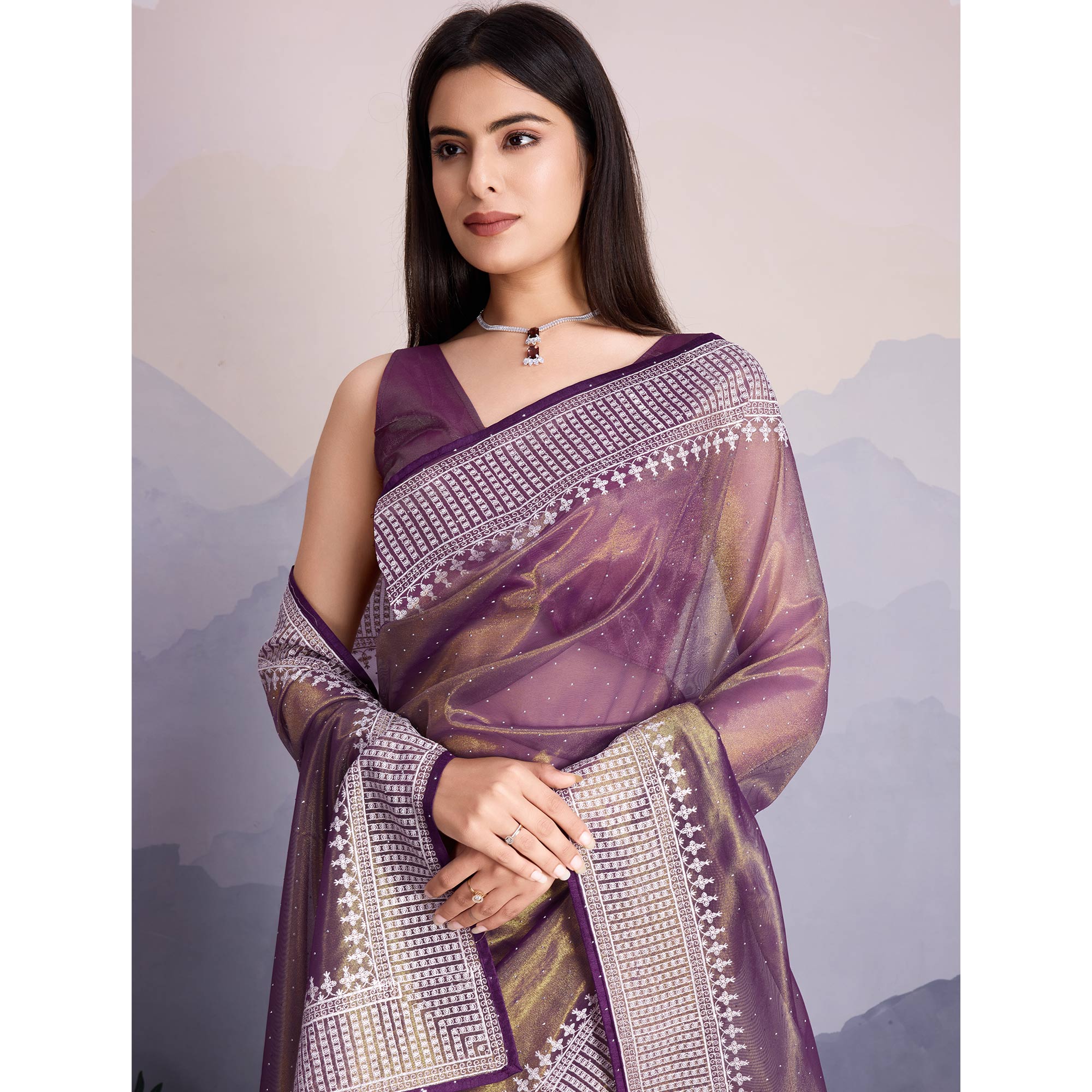 Purple Swarovski Work Embroidered Net Saree