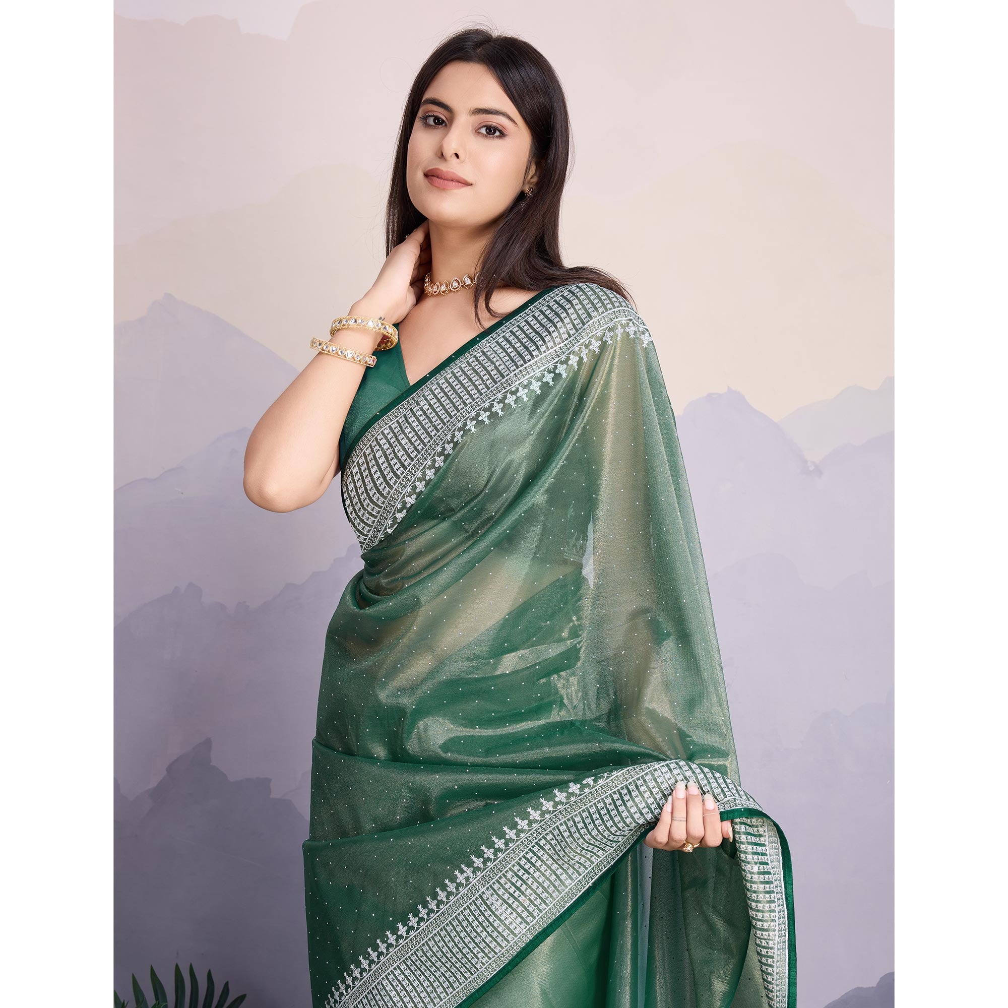 Green Swarovski Work Embroidered Net Saree