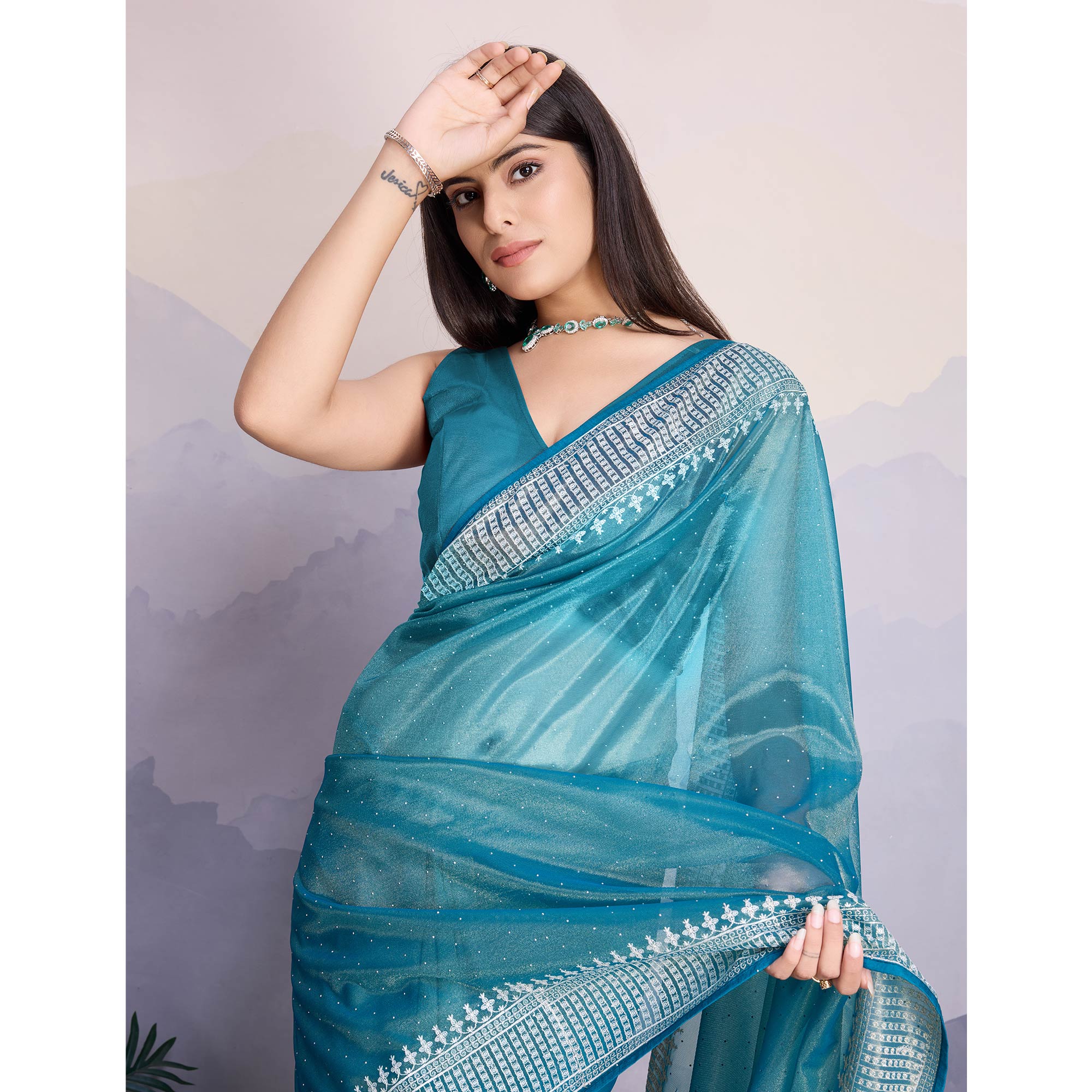 Blue Swarovski Work Embroidered Net Saree