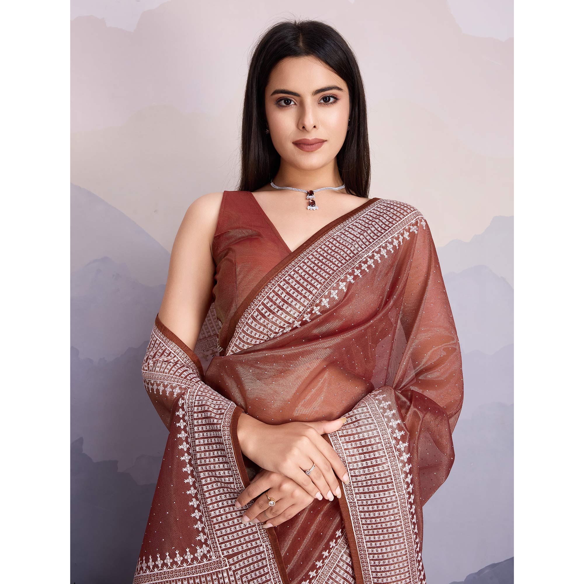 Brown Swarovski Work Embroidered Net Saree