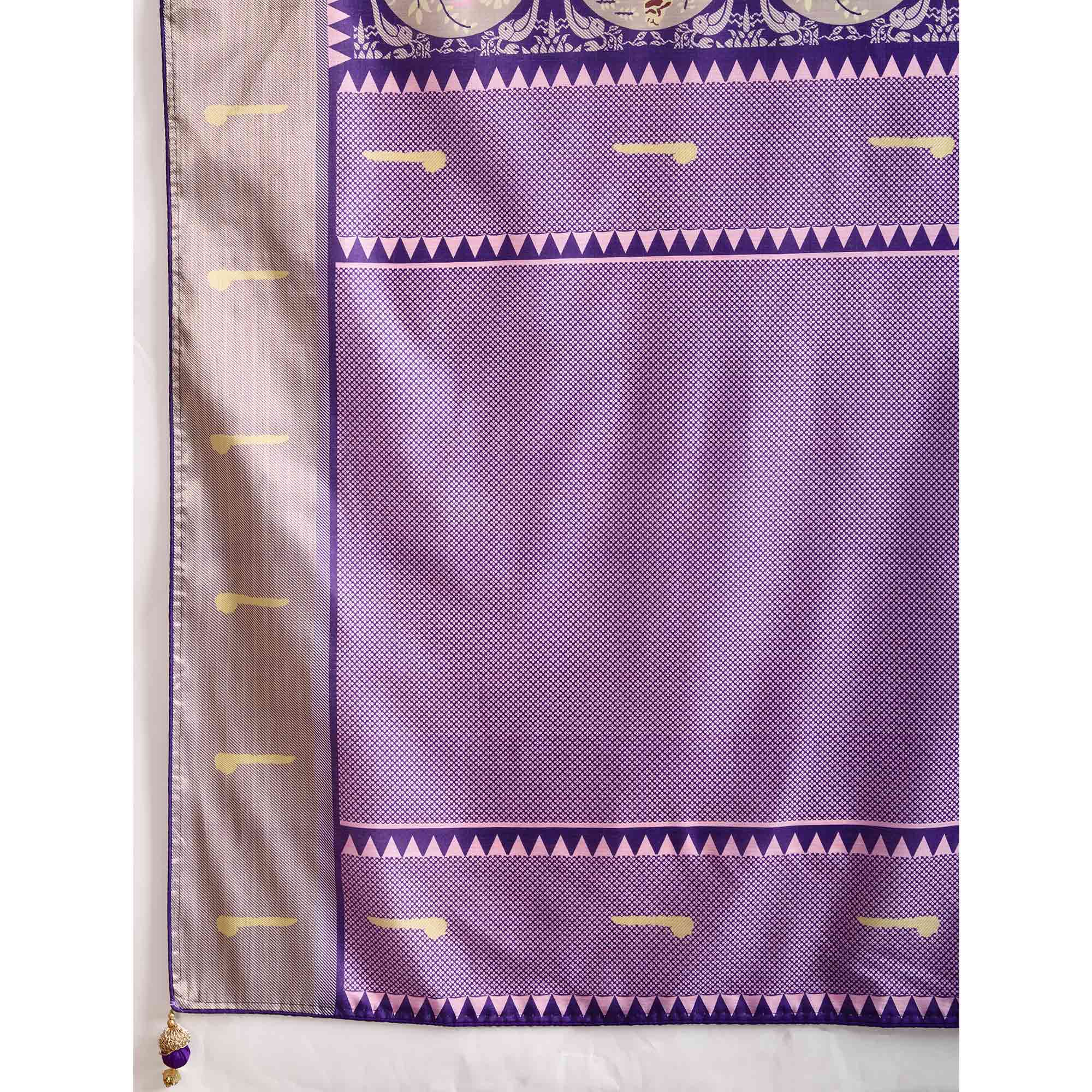 Purple Digital Printed Dola Silk Saree With Exquisite Weaving Zari Border & Opulent Pallu