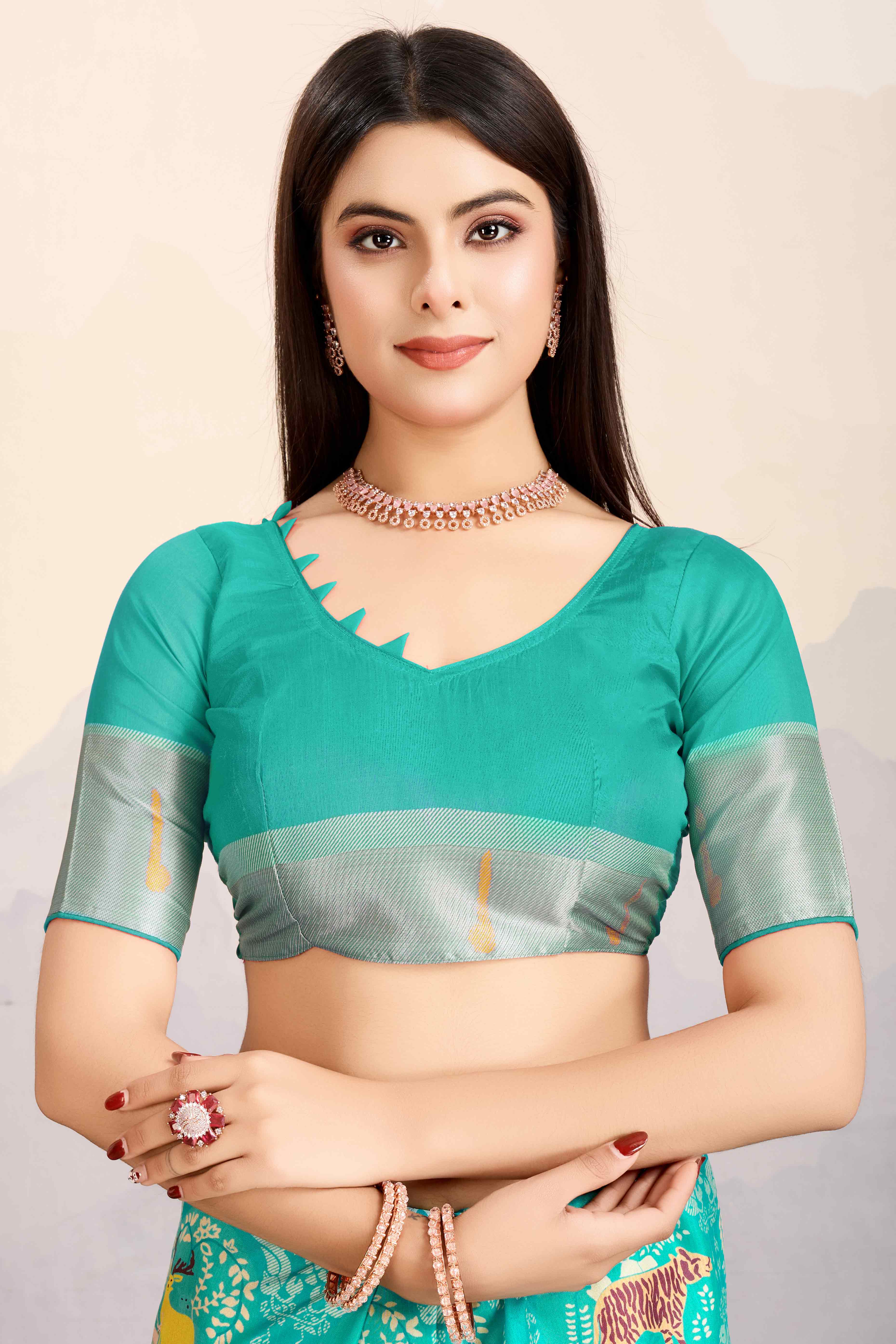 Turquoise Digital Printed Dola Silk Saree With Exquisite Weaving Zari Border & Opulent Pallu