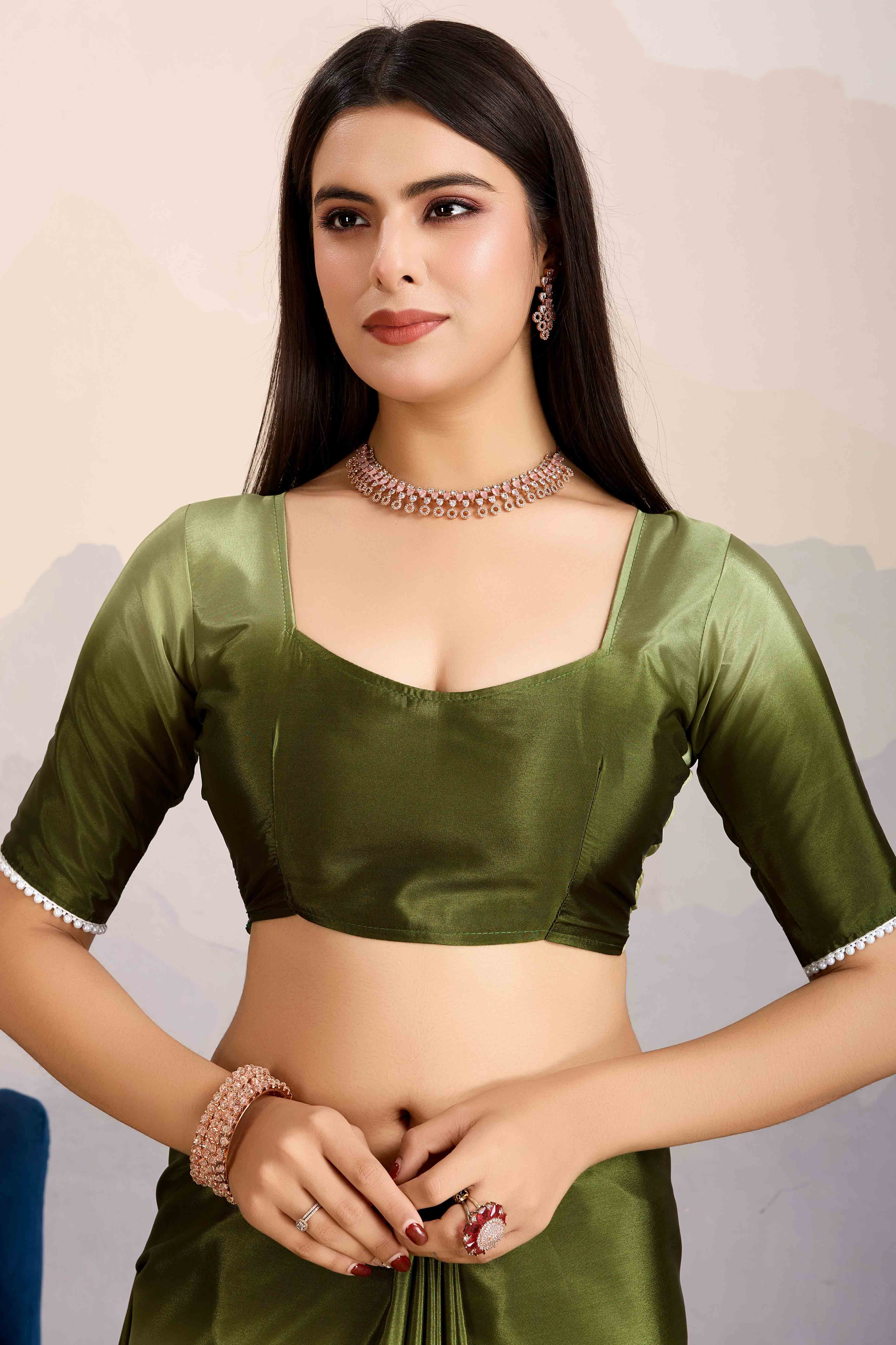 Green Ombre Satin Saree with Delicate Bead Embellishments