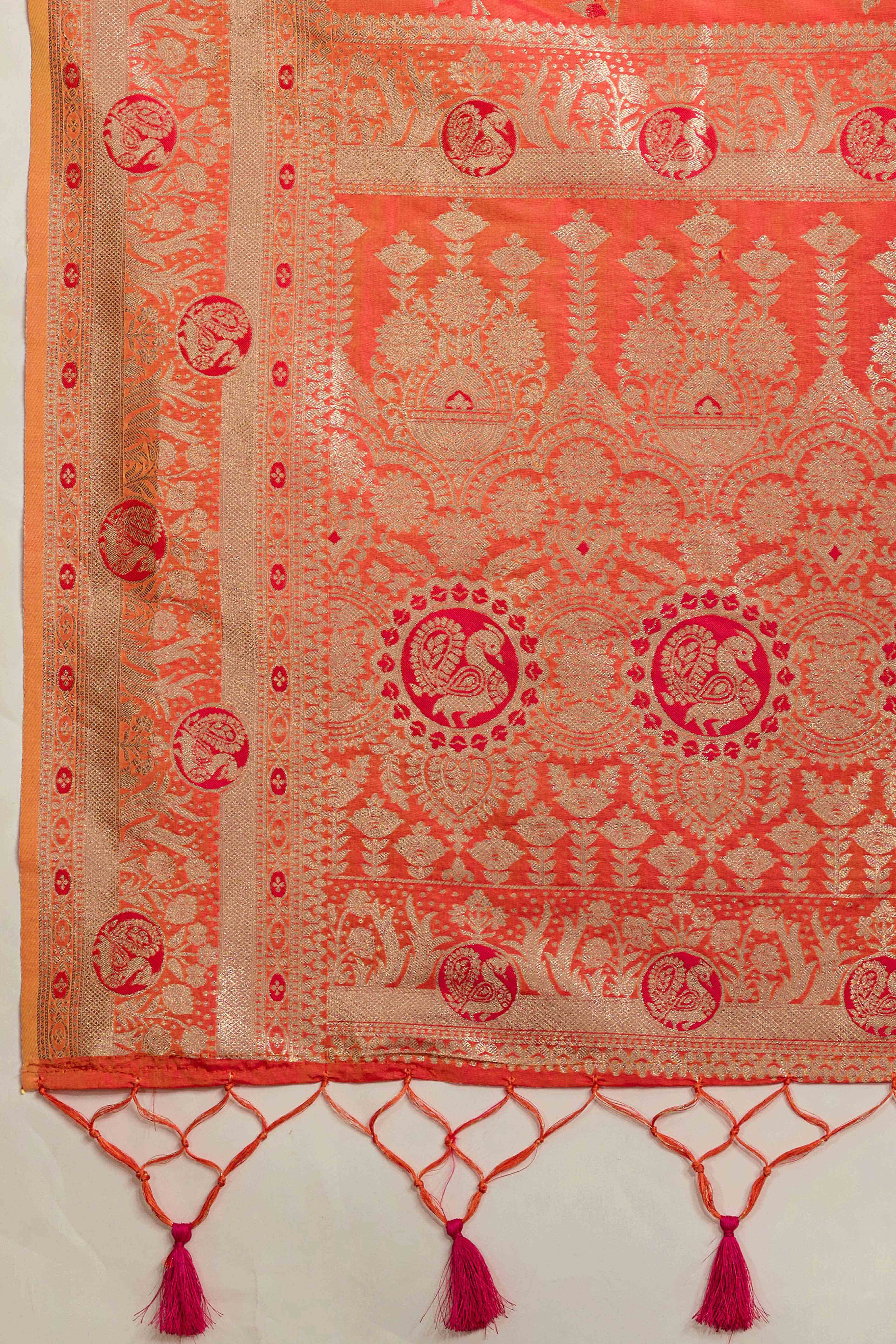 Coral Red Dual Tone Banarasi Silk Saree Accented with Meenakari Weaves