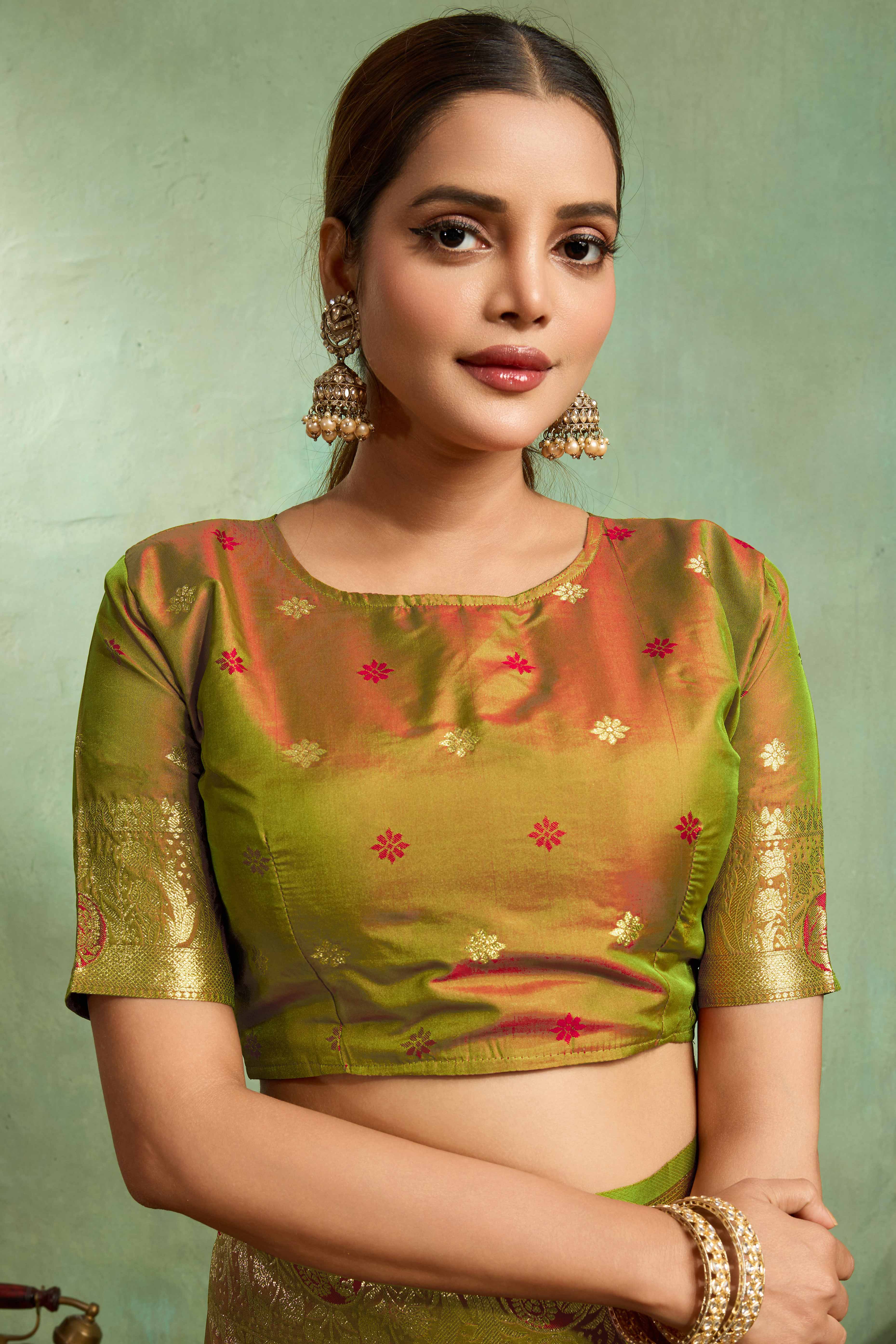 Olive Dual Tone Banarasi Silk Saree Accented with Meenakari Weaves