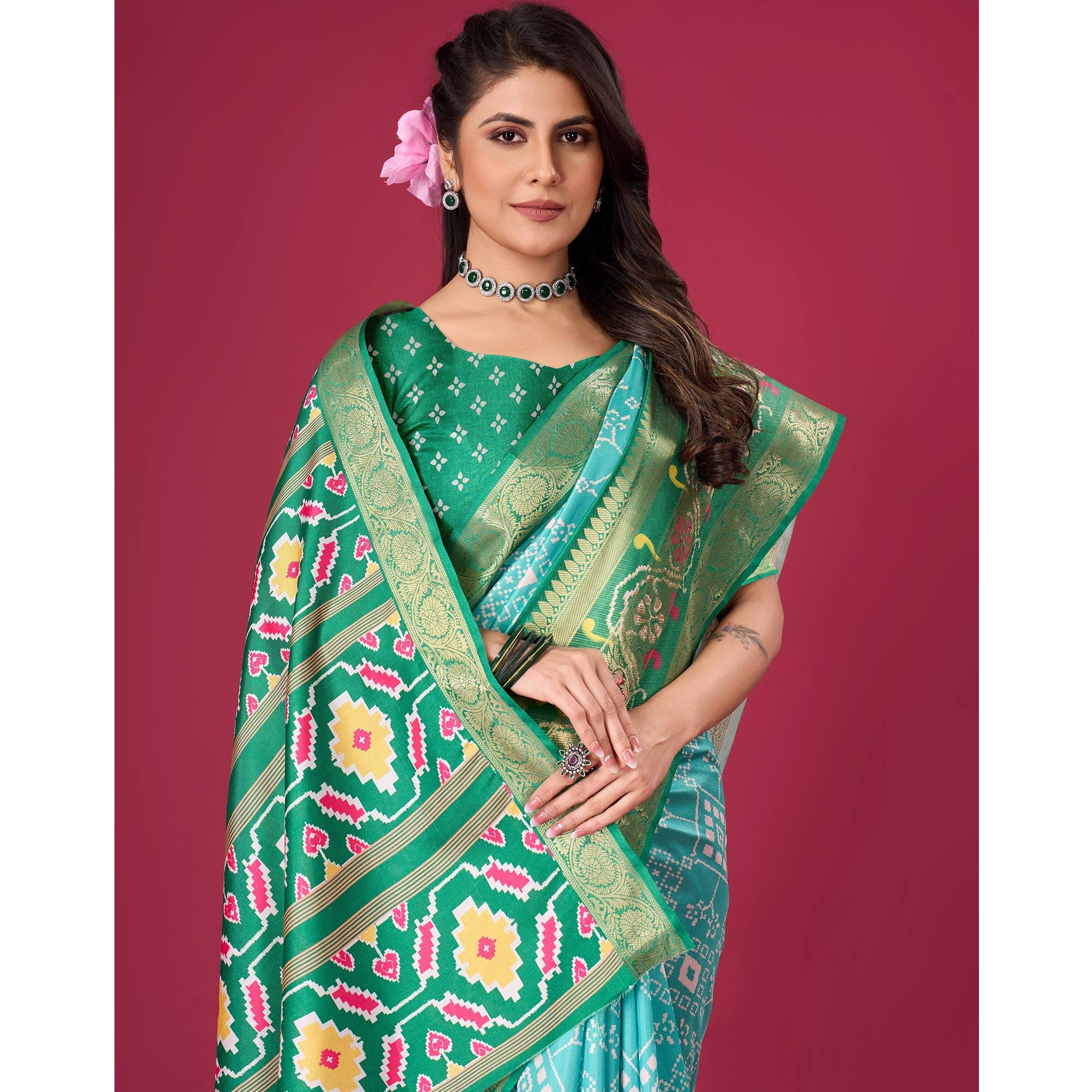 Turquoise & green Digital Patola Printed With Woven Border Dola Silk Saree